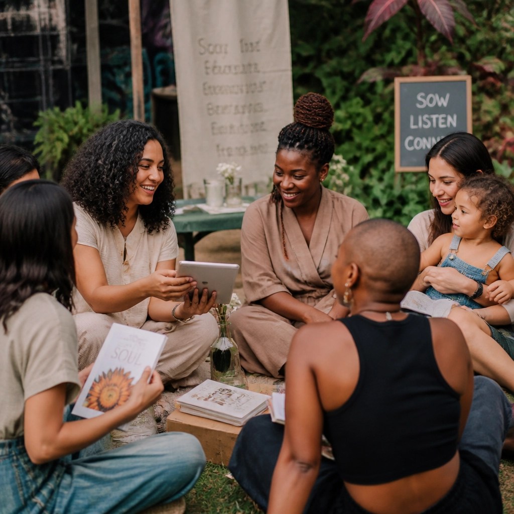 A diverse community sitting together, sharing knowledge