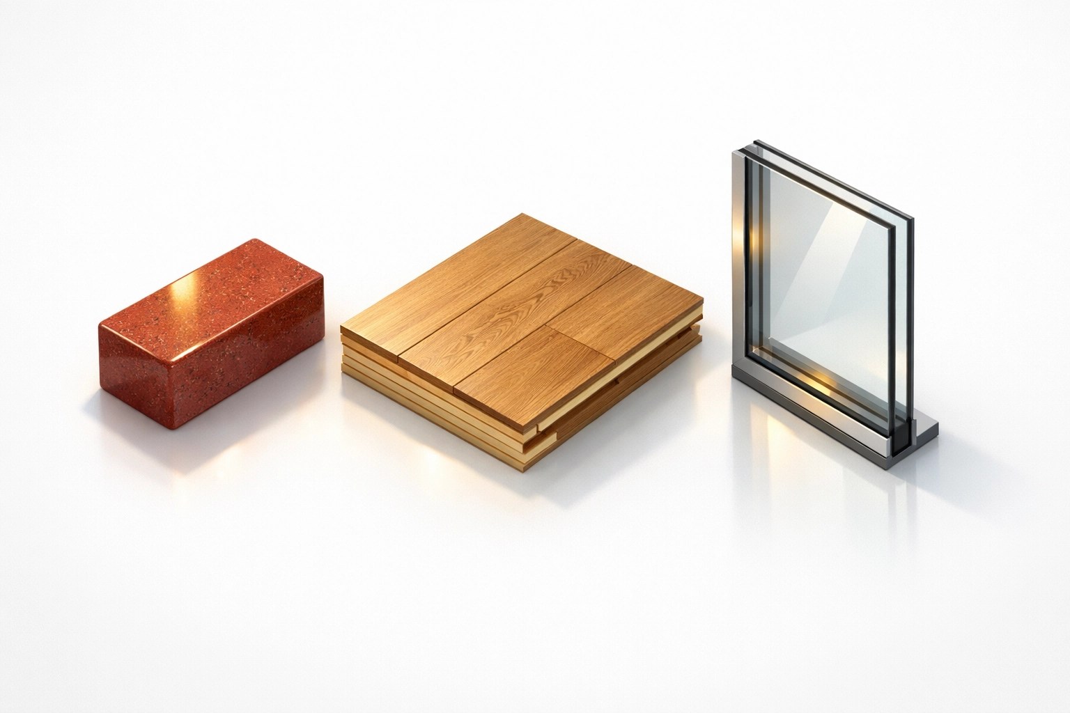 Minimalist display of premium building materials like wood flooring and brick for durable custom homes.