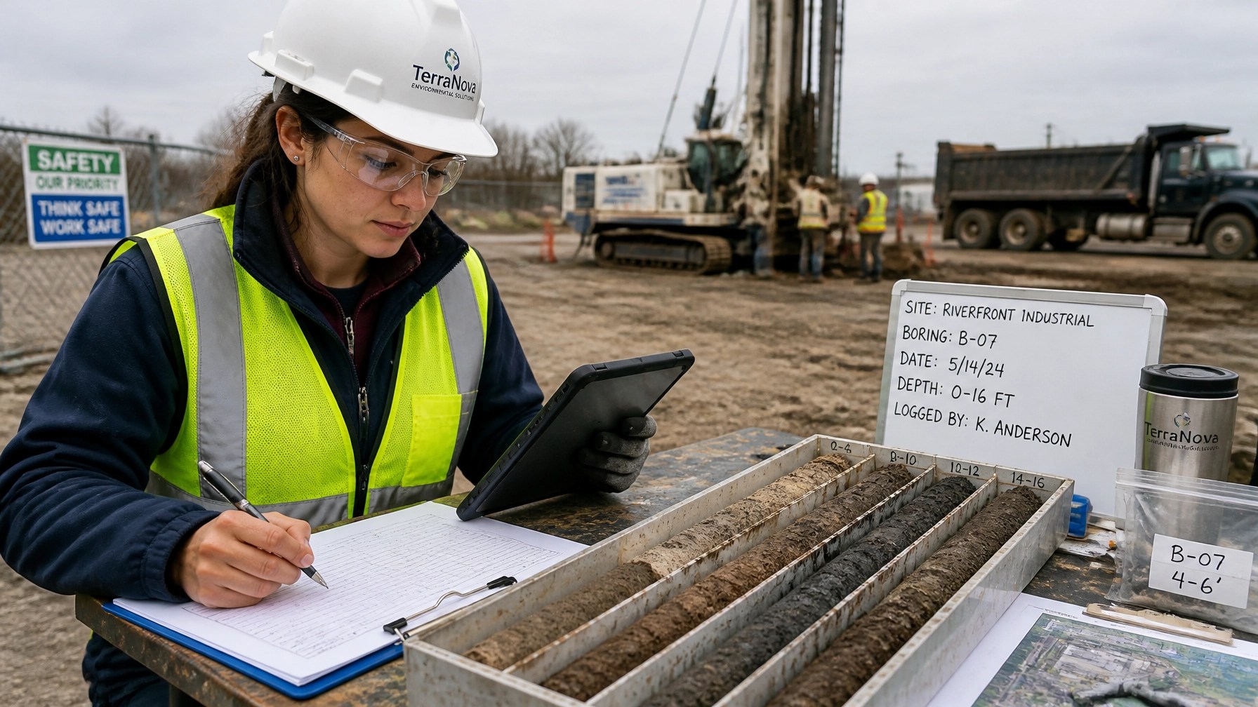 Environmental remediation oversight engineer reviewing field data and soil core samples