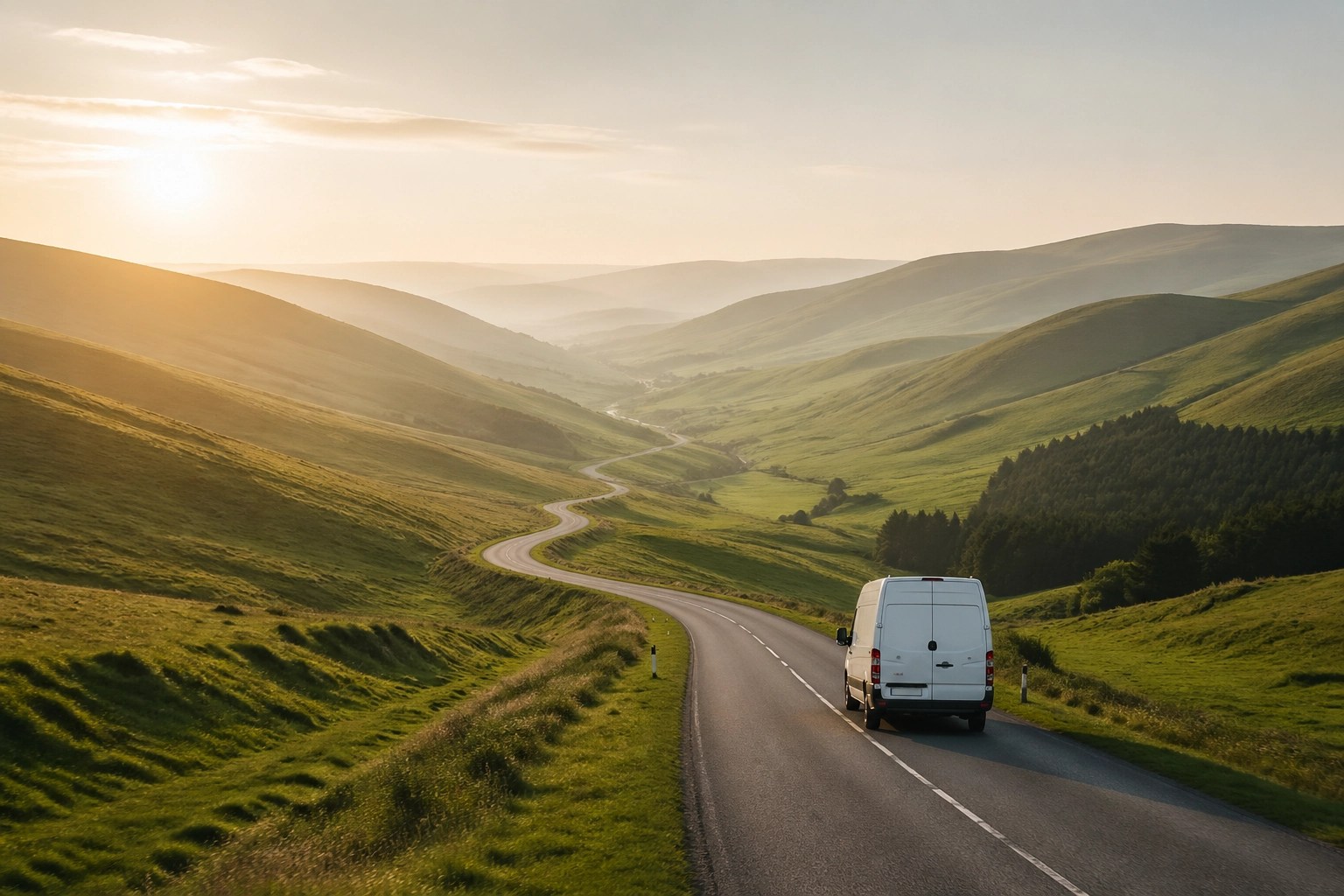 Medical transport vehicle driving on a remote rural road to a healthcare appointment.