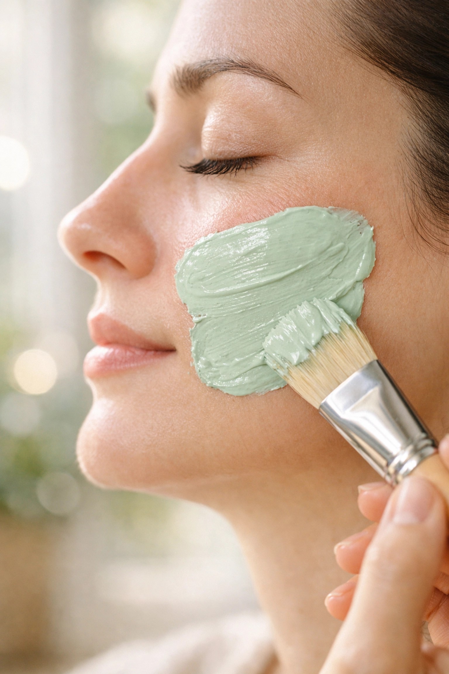 Applying a soothing green clay mask to skin to reduce redness and treat minor blemishes.