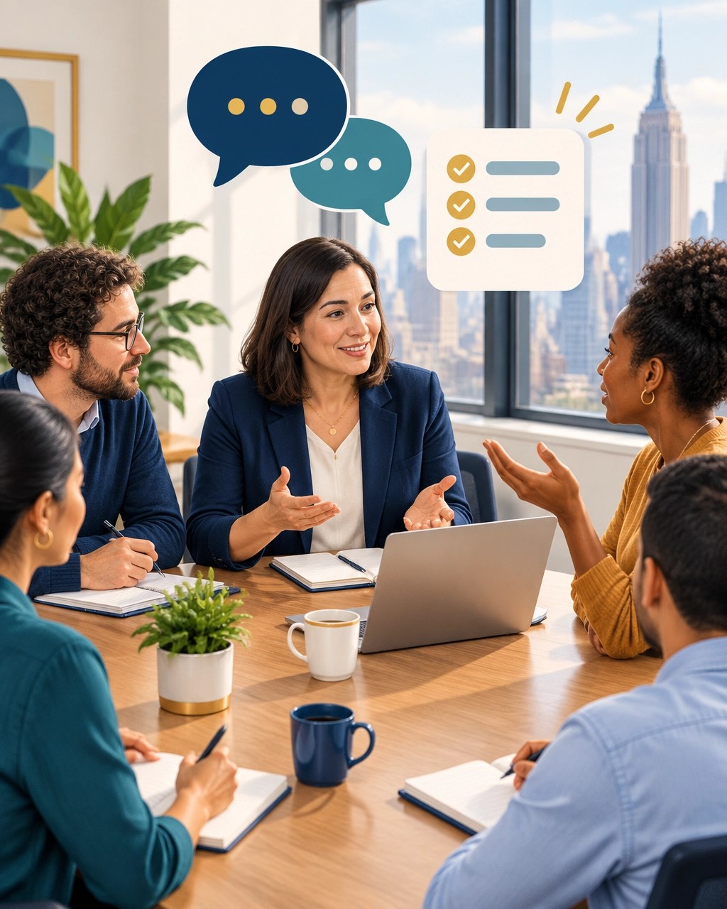 Small-business benefits meeting where an owner answers employee questions