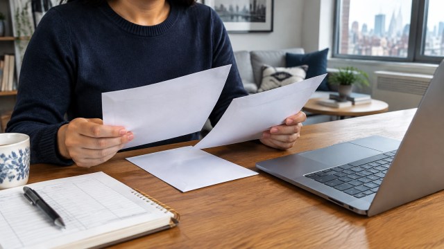 Illustrative image of a homeowner reviewing paperwork and household finances