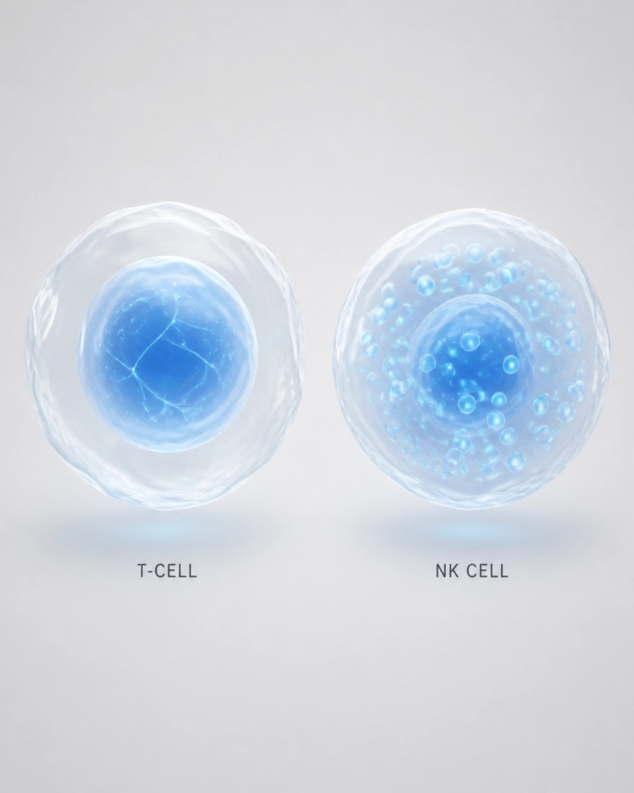 Minimalist 3D render of stylized T-cells and NK cells in soft blue and white tones.