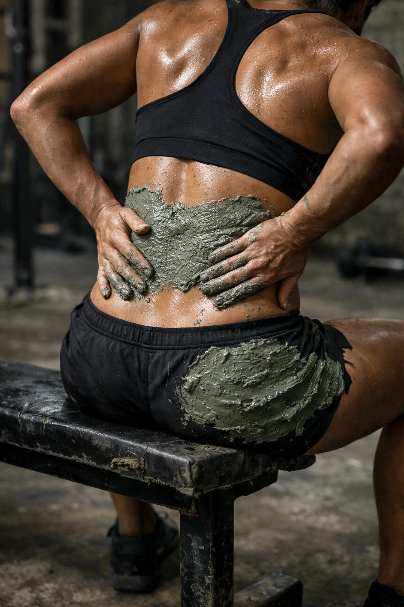 Athlete applying natural mineral clay for lower back recovery after an intense deadlift training session.