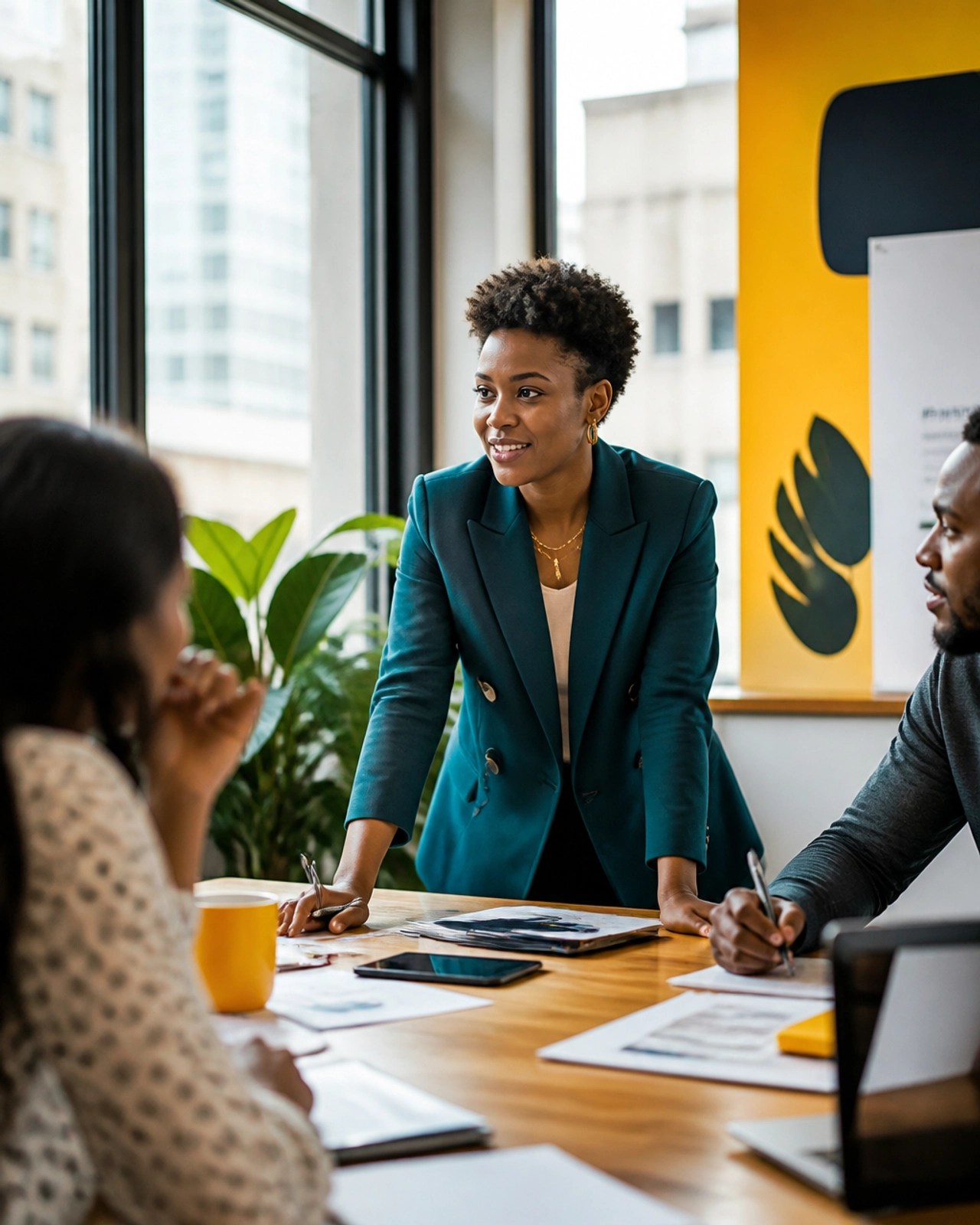 A young professional of color collaborating in a modern, bright office, symbolizing purposeful career engagement.