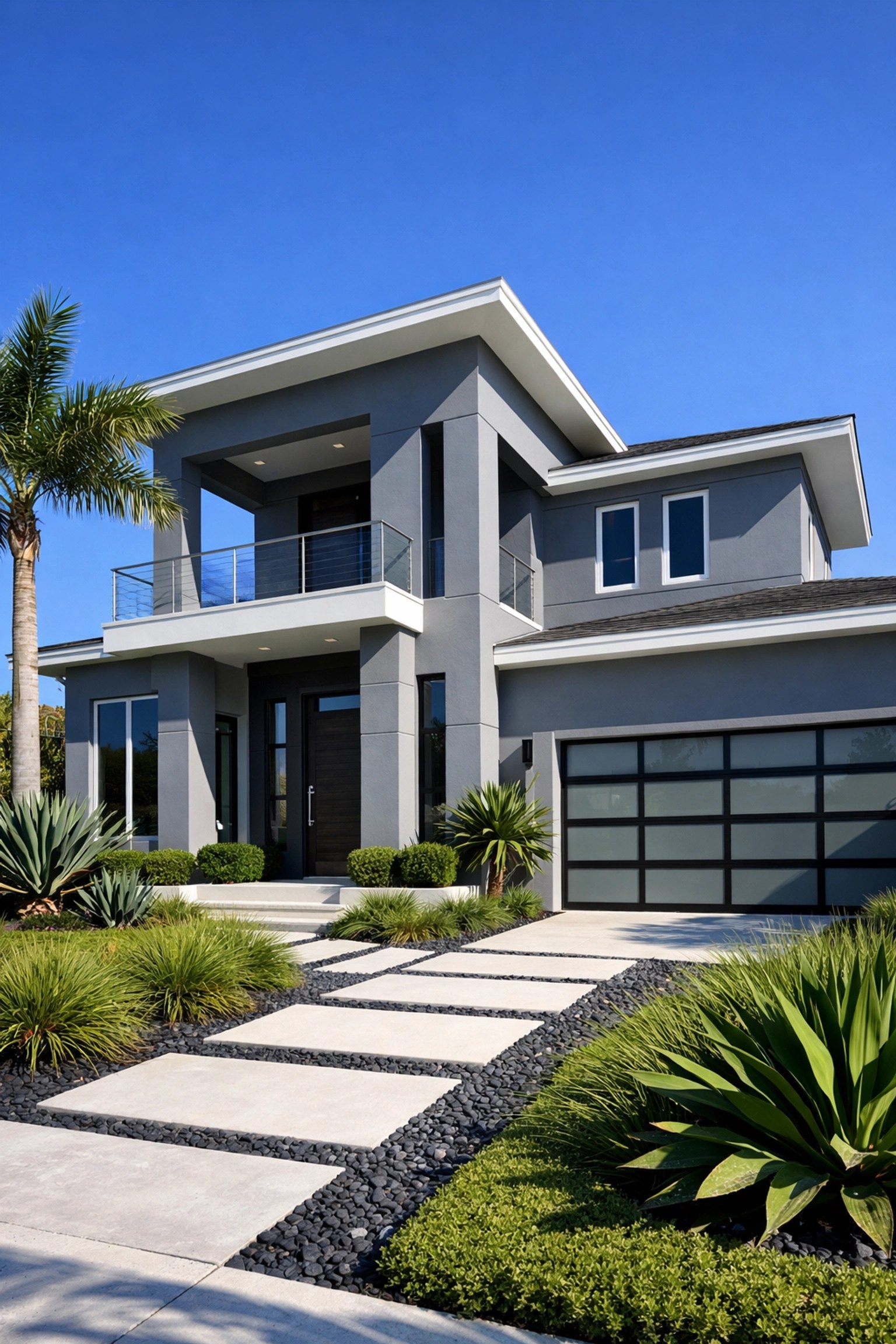 Contemporary Stuart home with cool gray exterior paint and modern landscaping