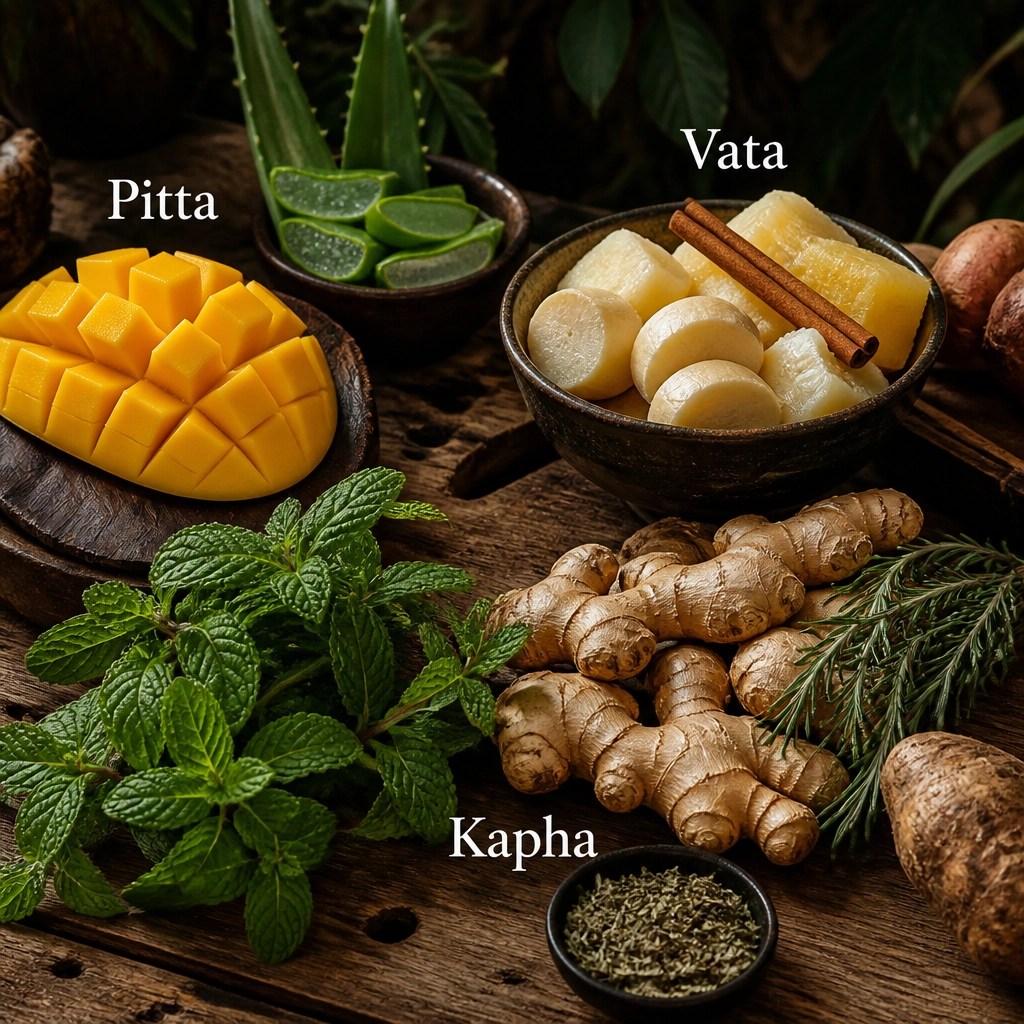 Ingredientes colombianos como mango, aloe vera, tubérculos y especias dispuestos para ilustrar el equilibrio ayurvédico.