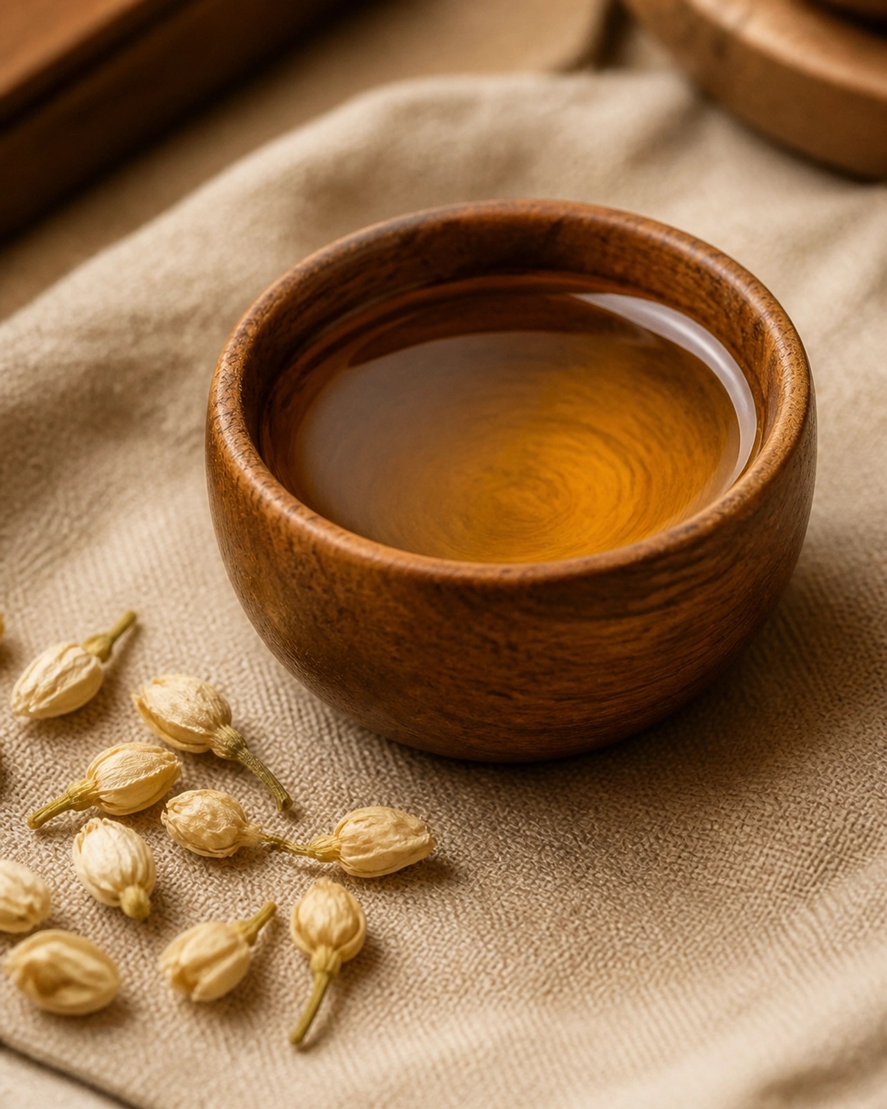 A wooden bowl of warm golden herbal oil for self-massage