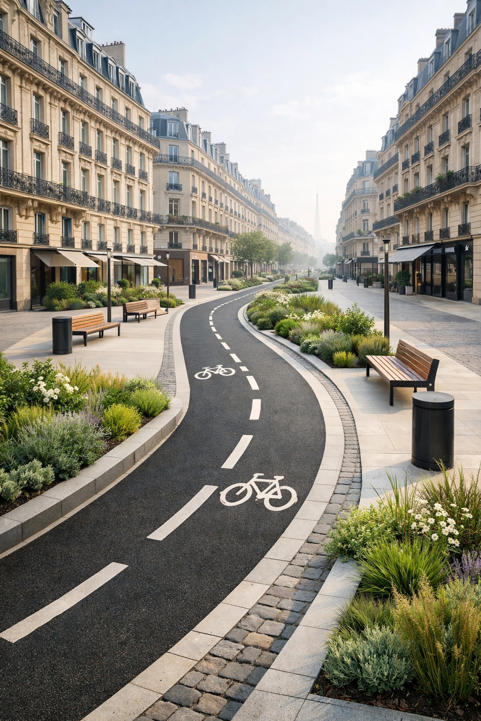 Pedestrian-friendly Paris street with dedicated bike paths and classic Haussmann architecture.