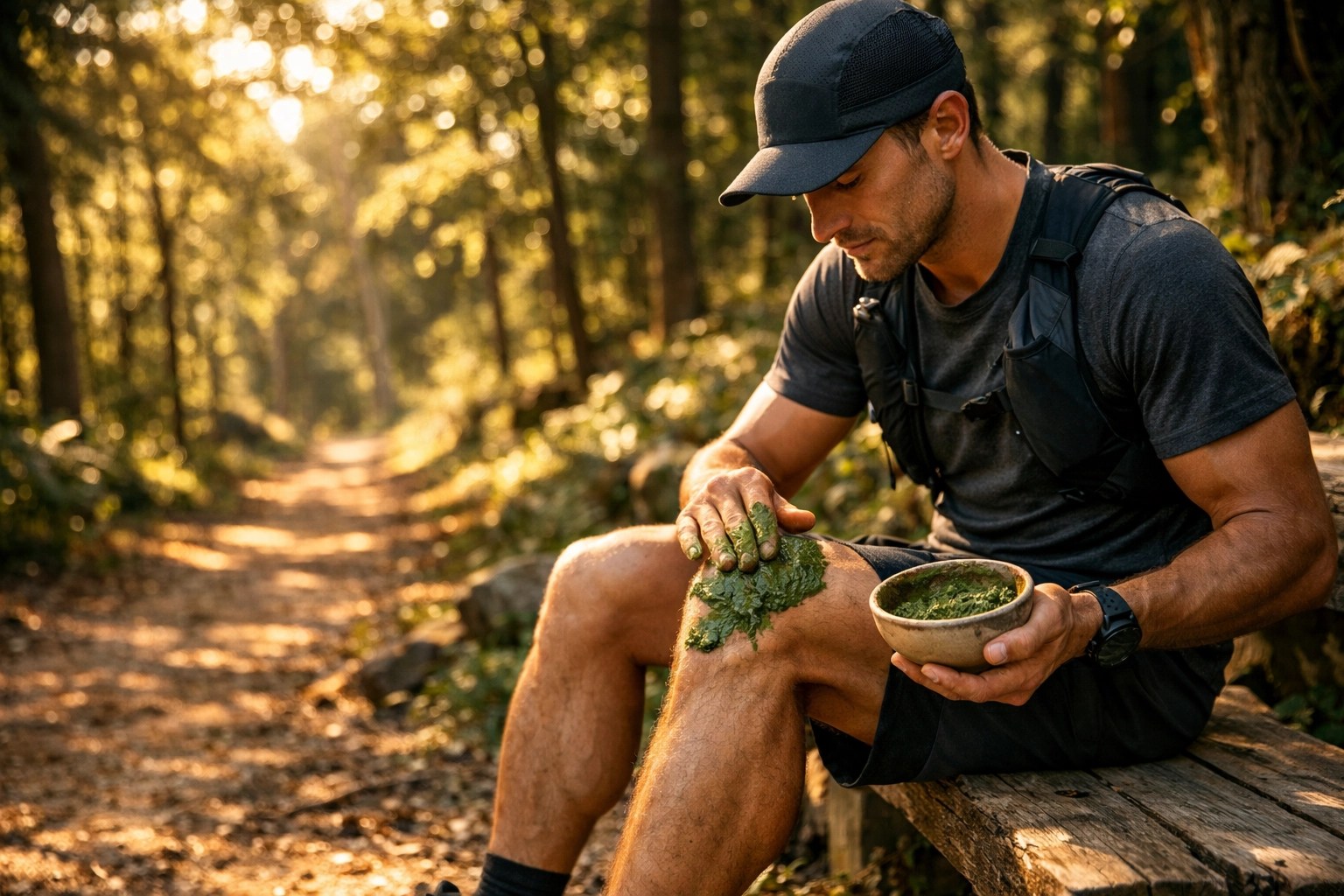 Elite athlete applying therapeutic green clay to their knee in a forest setting for natural inflammation relief.