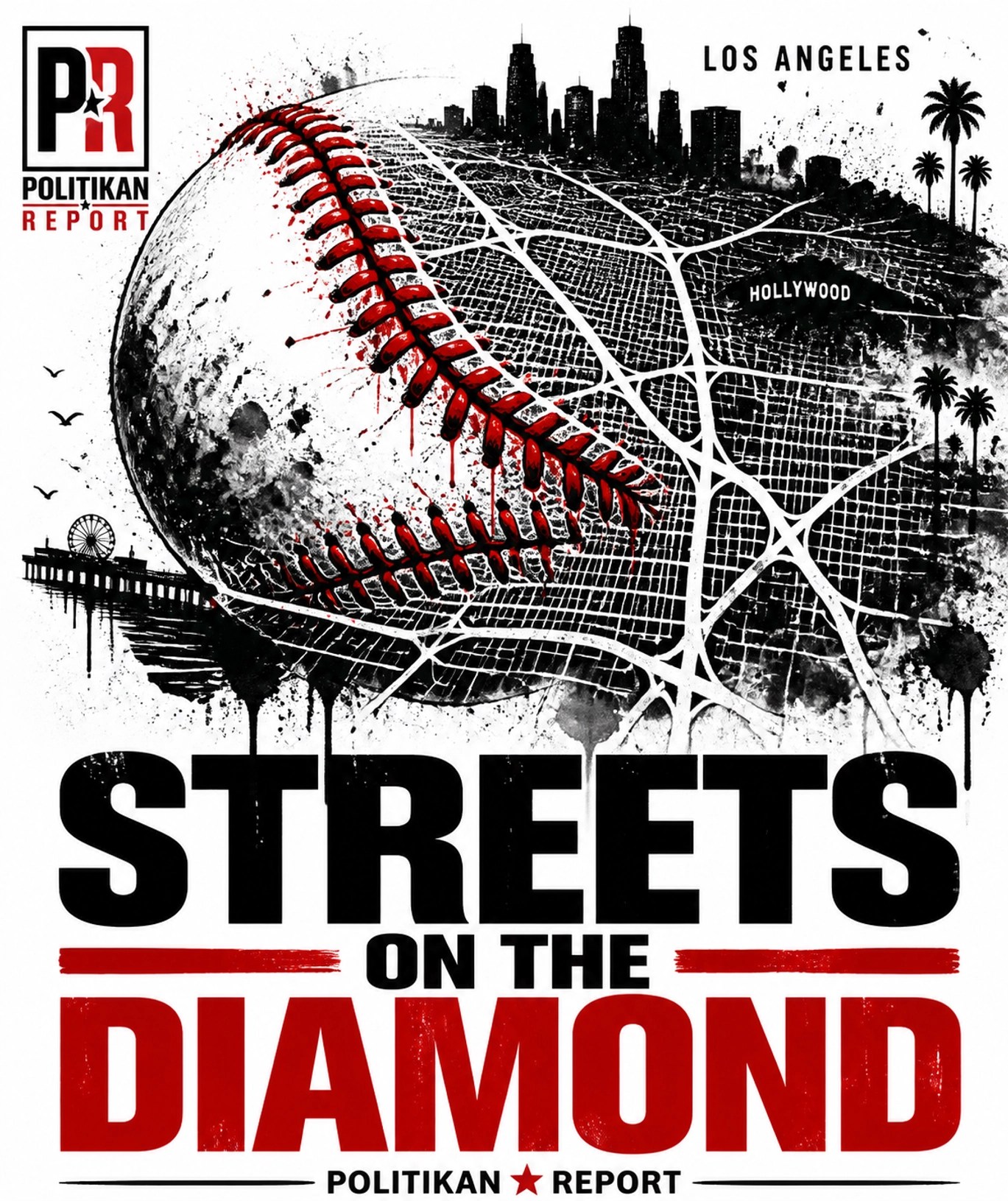Graphic of baseball stitching morphing into an LA street map, illustrating sports and community cohesion.