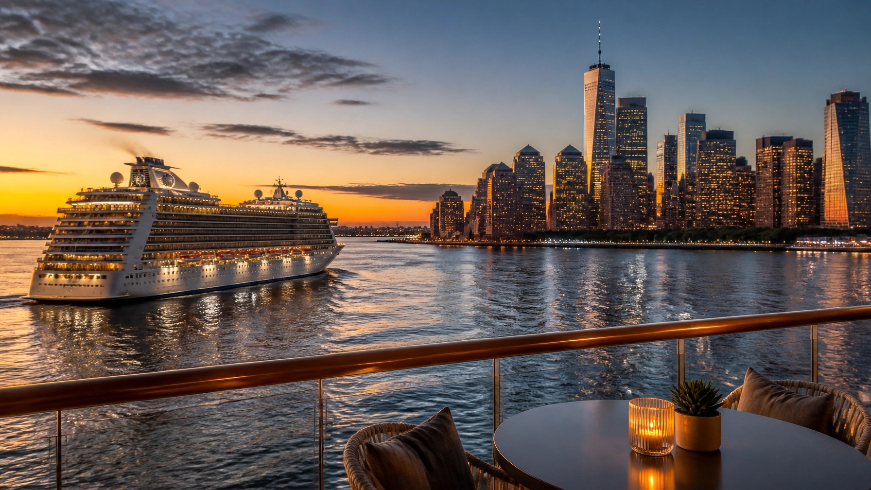 Cruise ship departing past the Manhattan skyline at blue hour with an elegant empty restaurant terrace in the foreground
