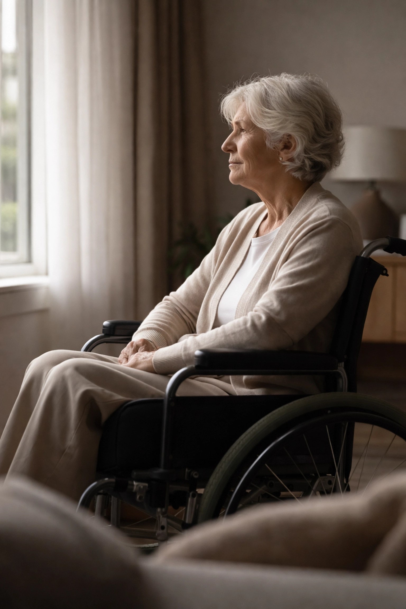 Elderly woman in wheelchair looking out window, highlighting need for accessible medical transportation