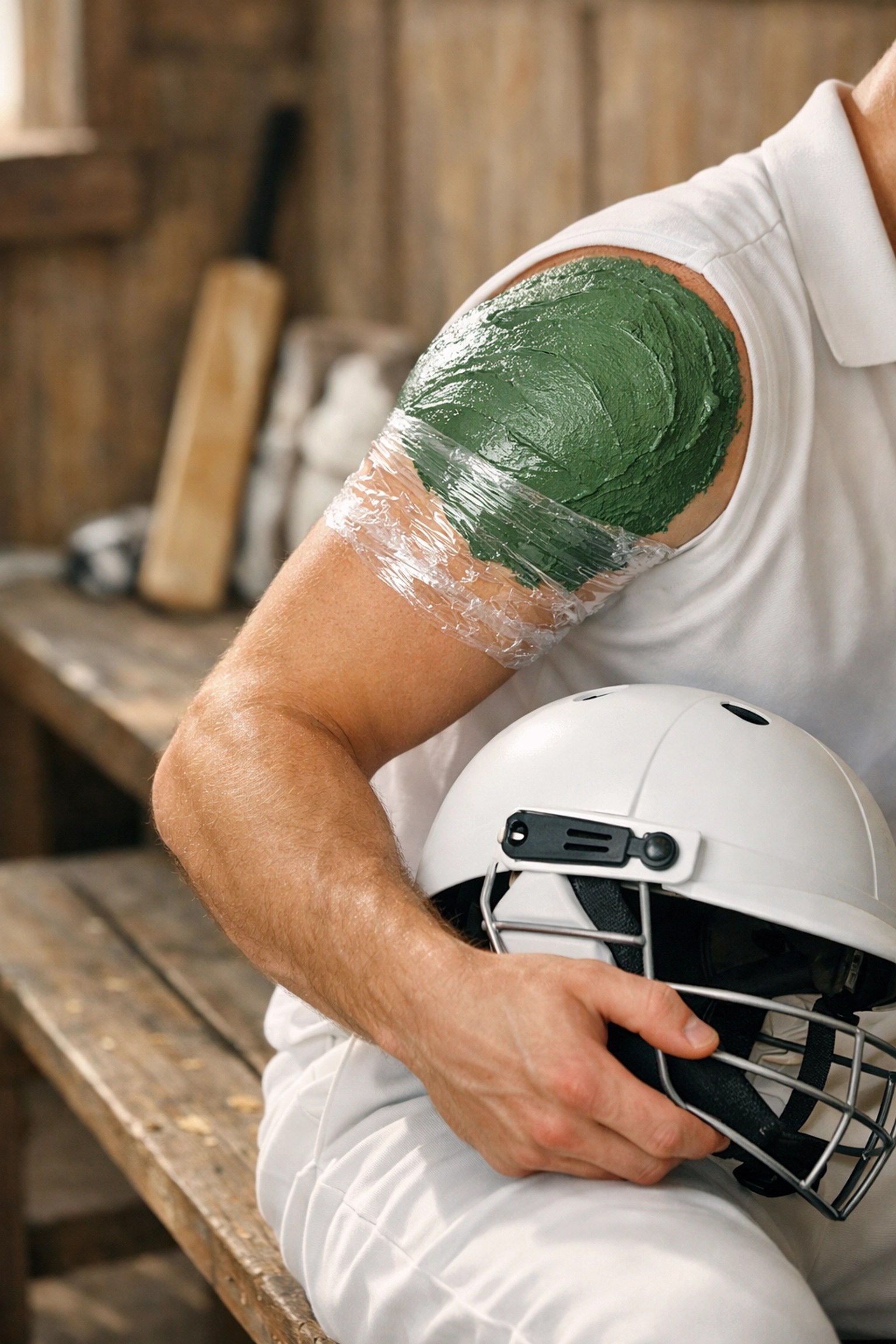 Natural green clay paste applied as a recovery wrap to a cricketer's injured rotator cuff and shoulder.