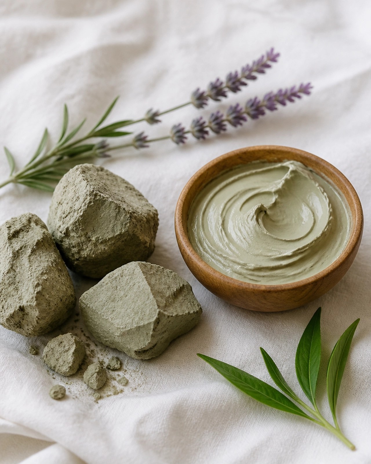 Raw green clay and prepared paste showing purity