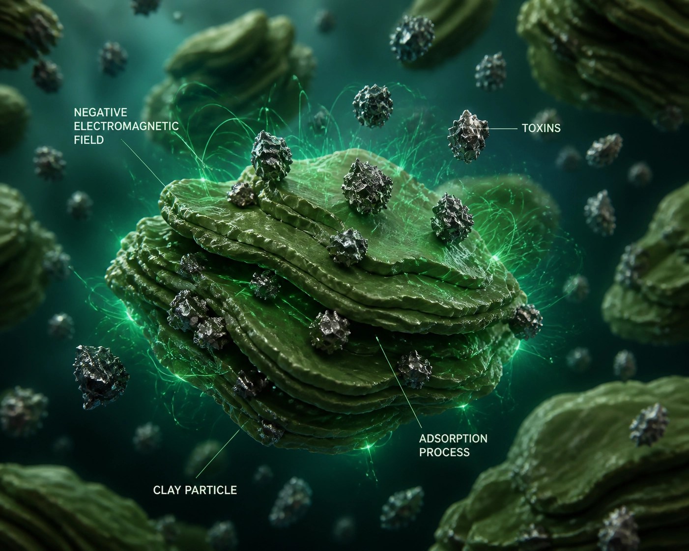 Microscopic green clay particles attracting and binding toxins through a negative electromagnetic charge.