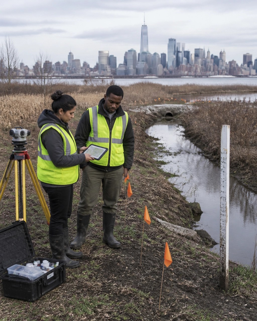 Field engineers verifying wetland boundaries and flood elevation conditions near an urban New Jersey waterfront