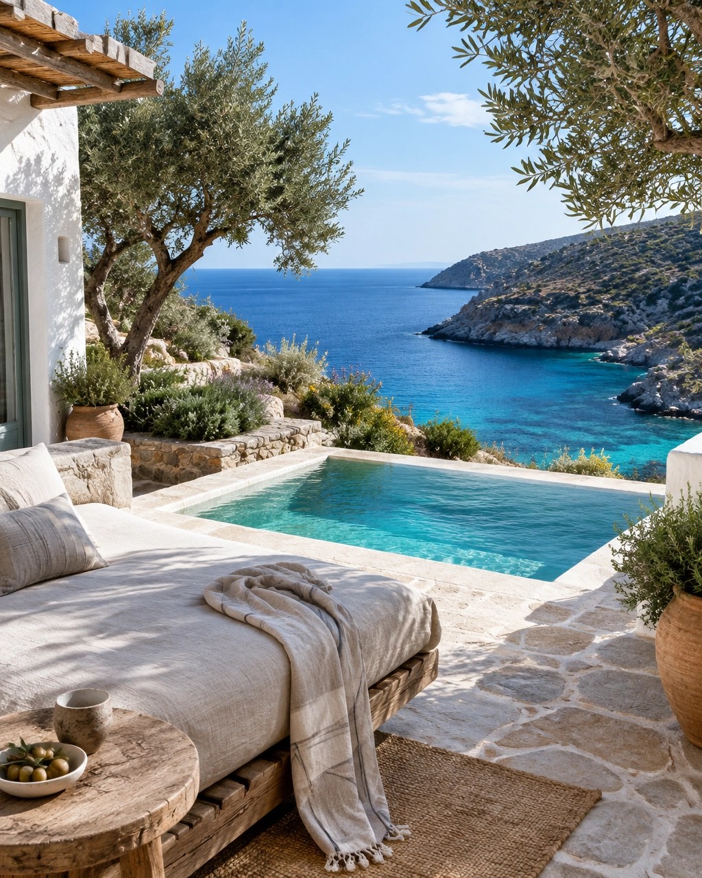 Secluded Greek island retreat above a turquoise cove with a peaceful stone terrace