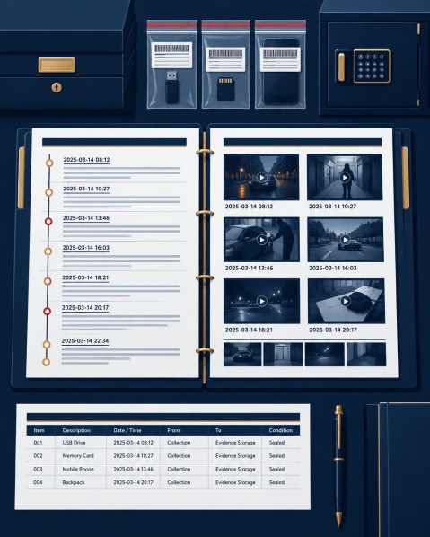 Organized investigative evidence file with timeline, media records, and chain-of-custody documentation