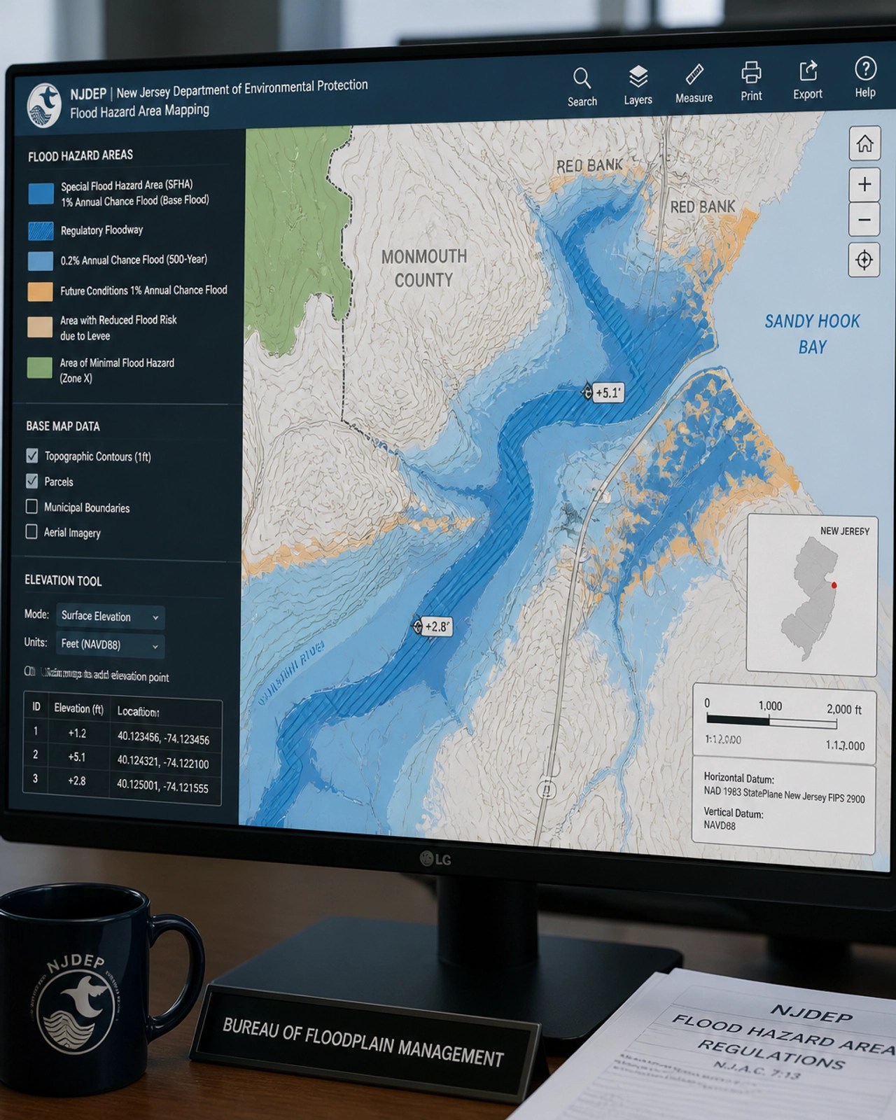 GIS visualization of NJDEP flood hazard zones and elevation markers