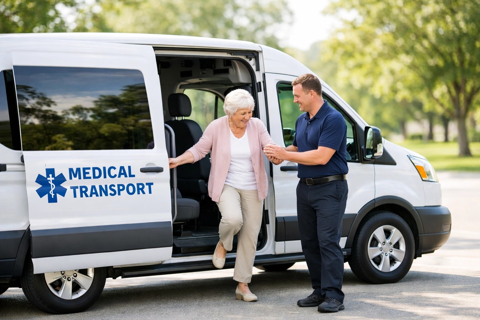 Professional NEMT driver helping a senior passenger, showing reliable medical transportation services.