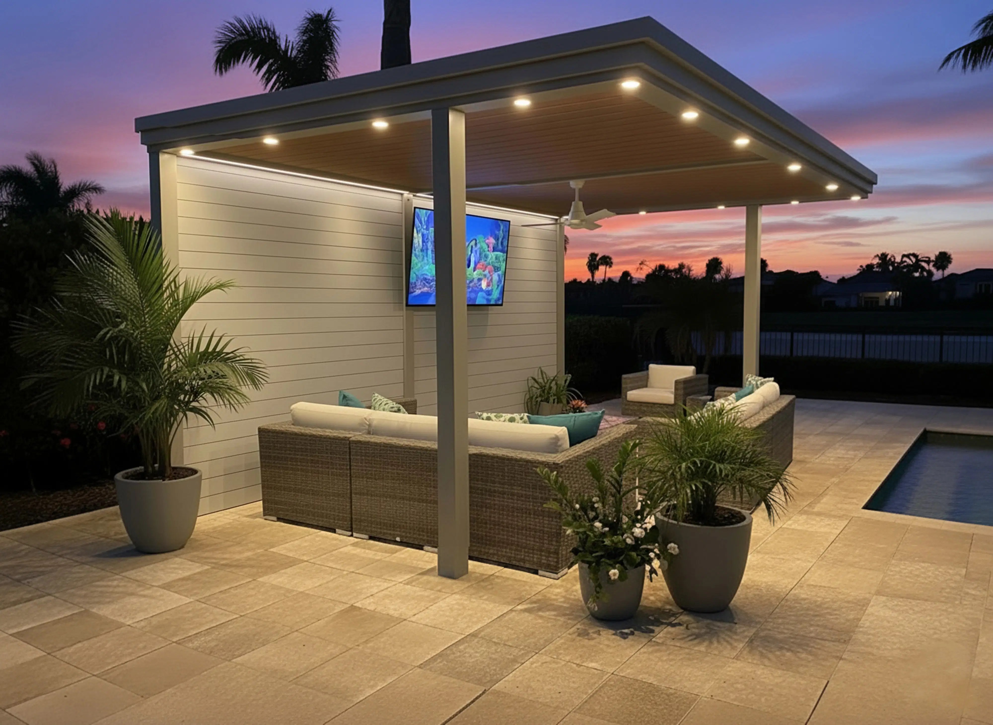 An elegant poolside lounge at sunset with integrated LED lighting and modern furniture under a louvered roof.