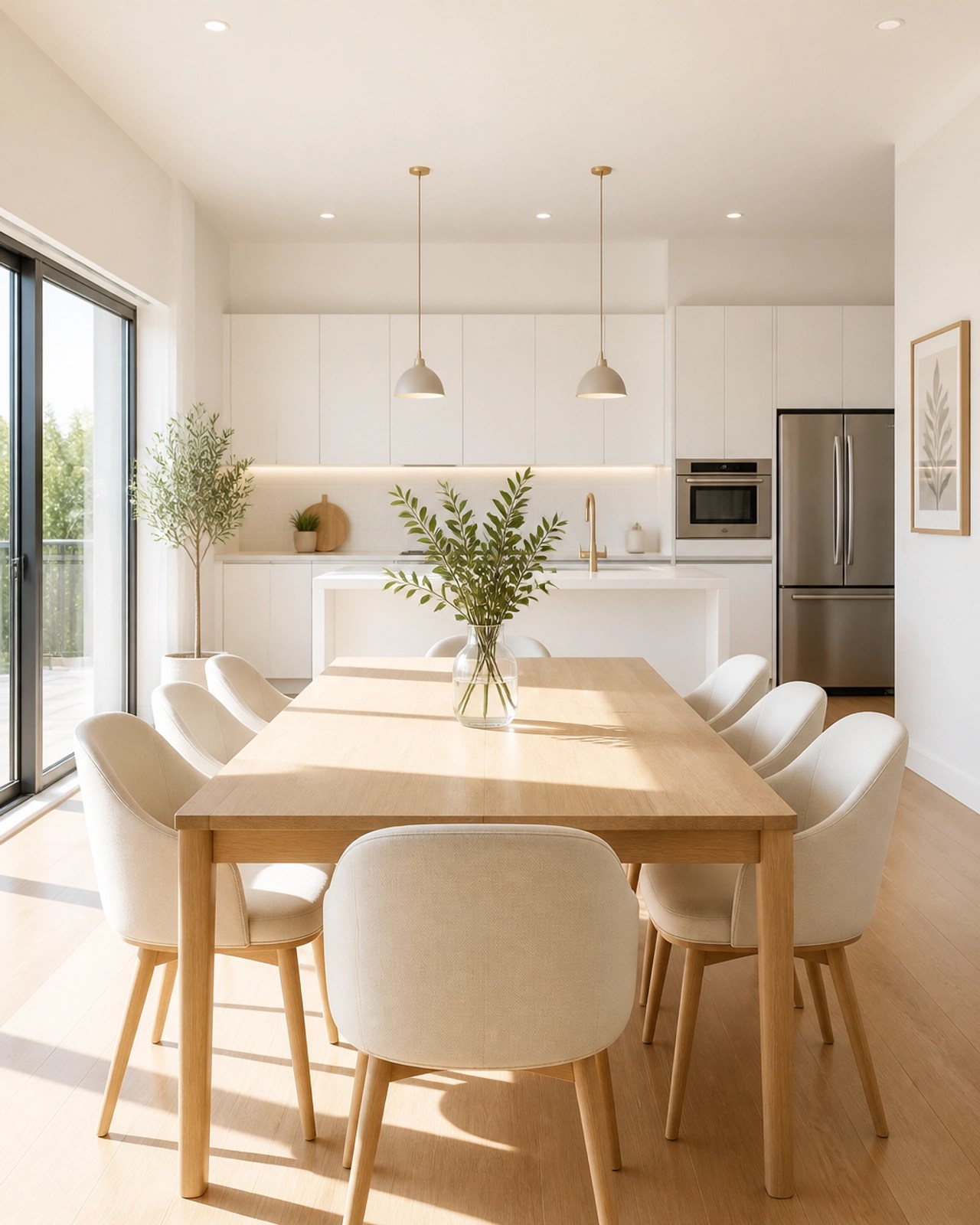 A minimalist, sun-drenched kitchen and dining area representing an ideal shared space.