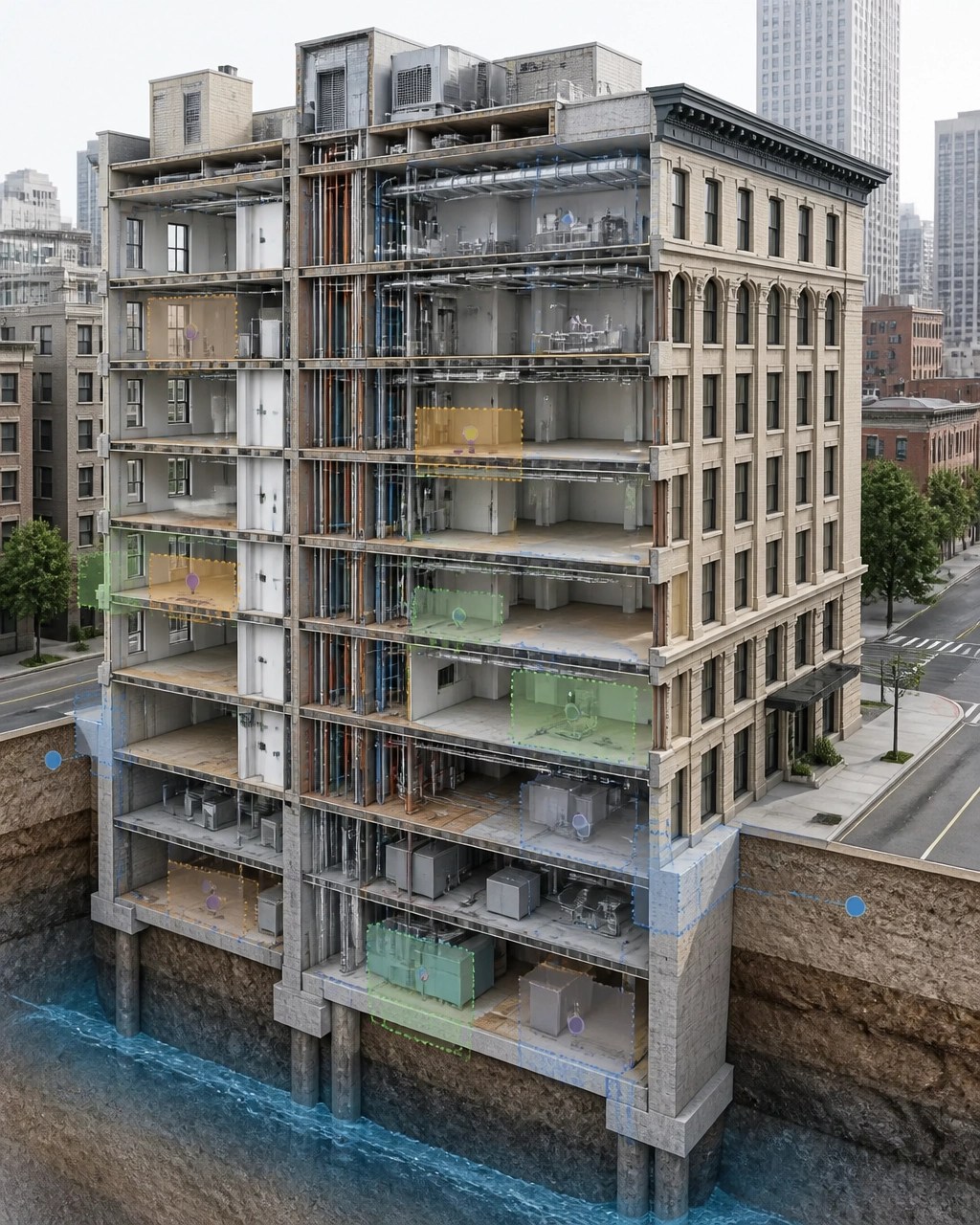 Axonometric technical cutaway of a Manhattan office building showing separate environmental, asbestos, vapor, and property-condition assessment zones