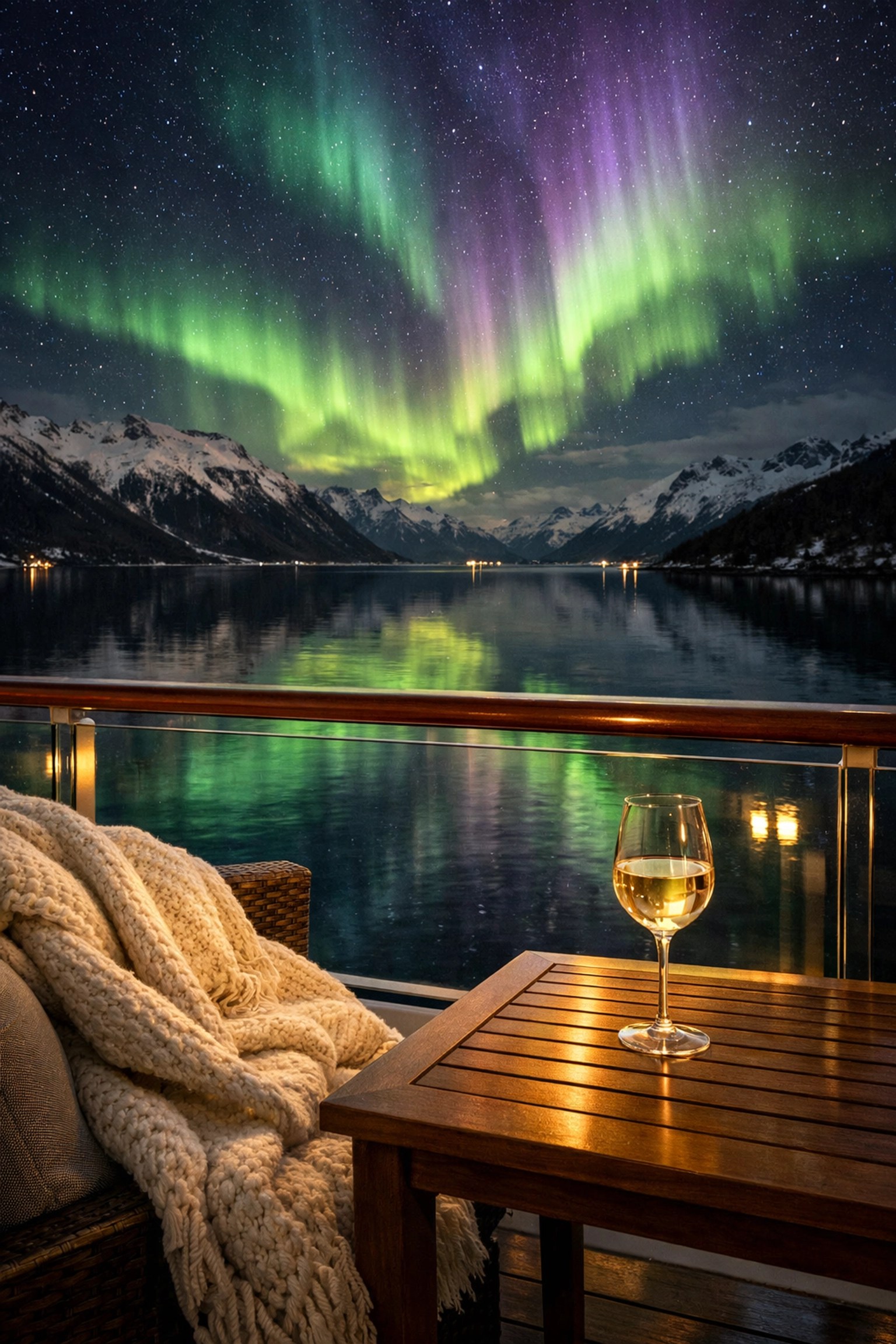 Shimmering Northern Lights viewed from a luxury balcony, a highlight of late-season Alaska cruise deals.
