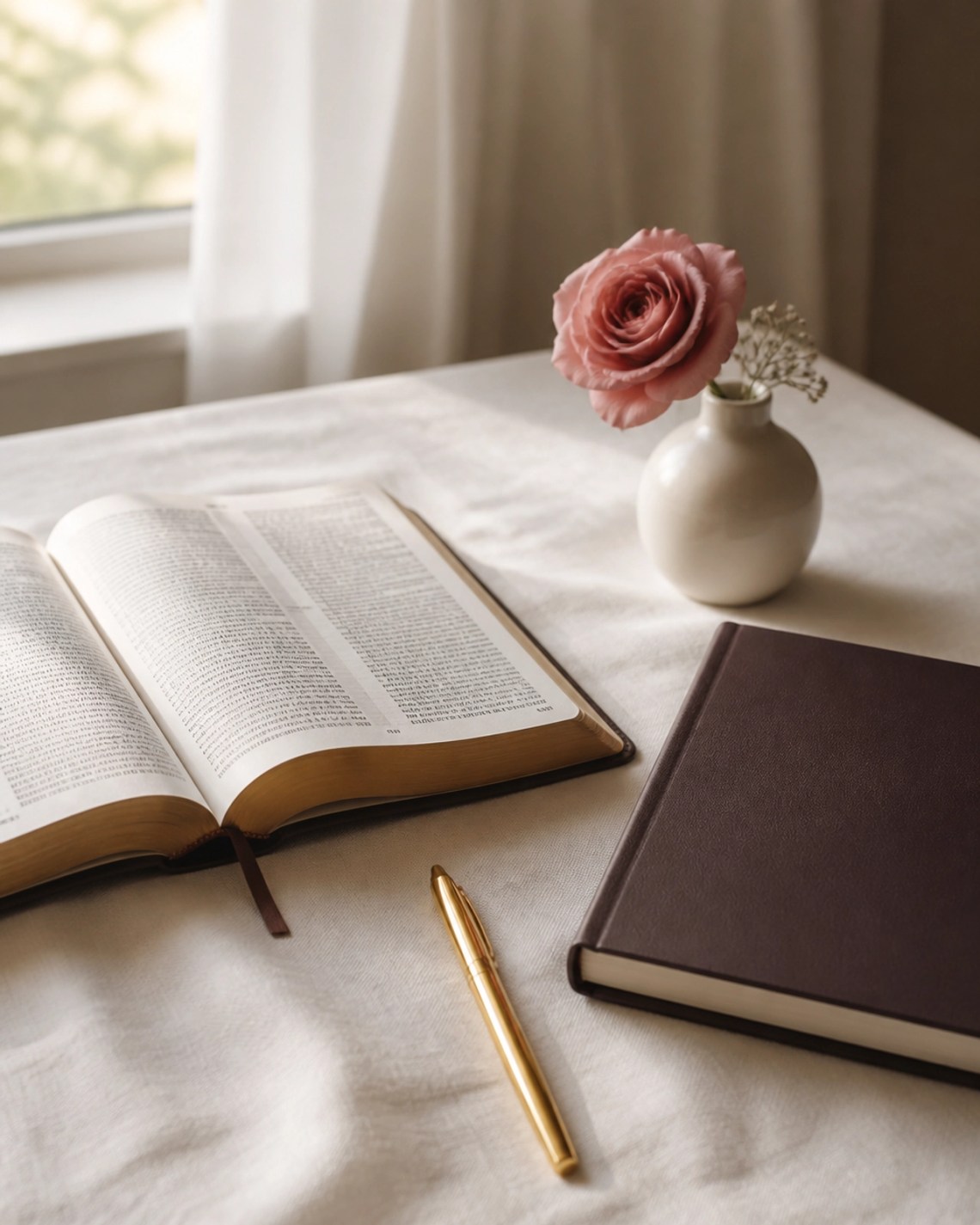 A minimalist, magazine-style photography shot. An open Bible rests on a Marshmallow Cream linen cloth, next to a Deep Plum-Grey hardcover journal and a gold pen. A small vase with a single Dusty Rose flower is nearby. The atmosphere is quiet, sacred, and intentional.