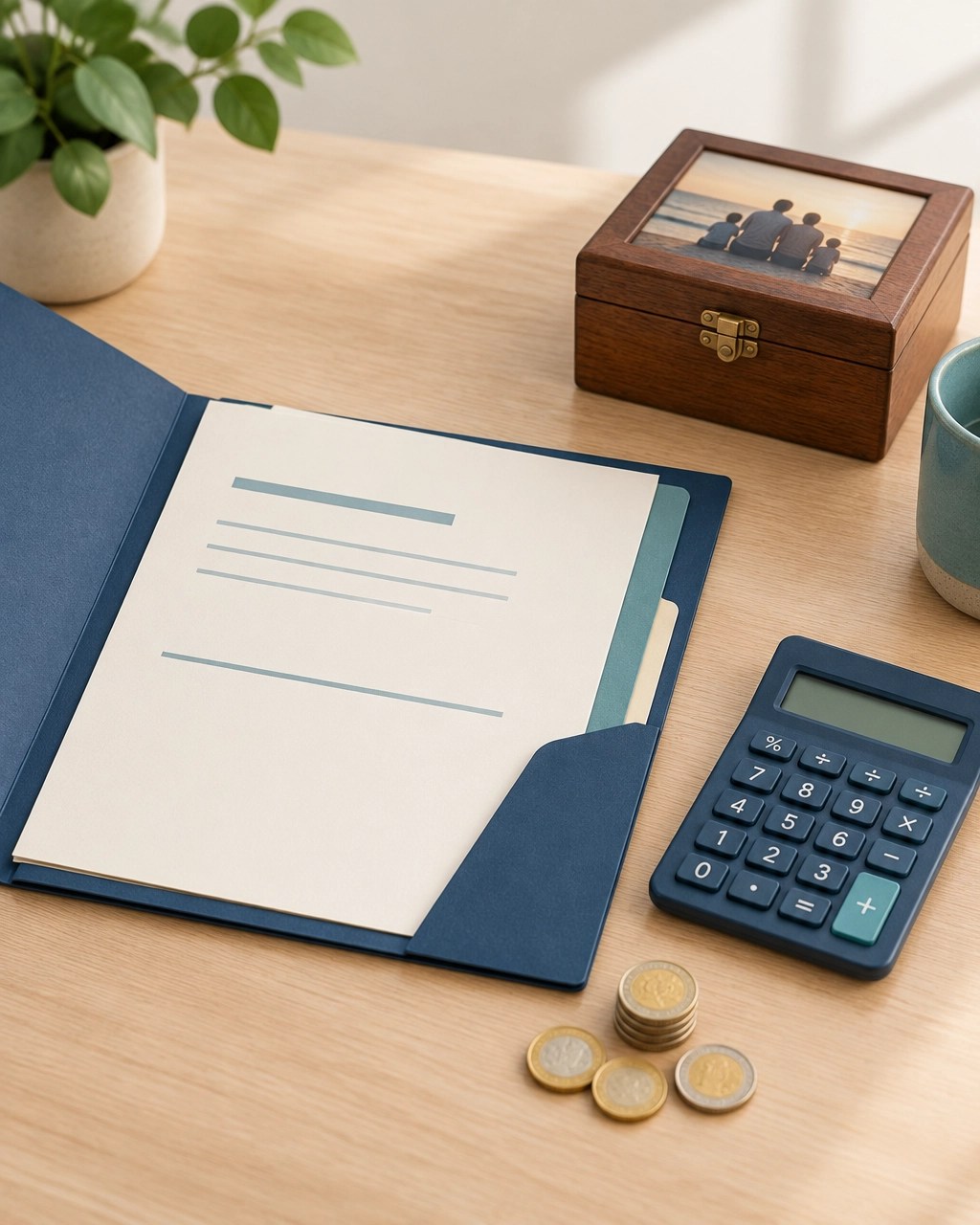 Simple still life showing a calculator, planning folder, coins, and family keepsake box