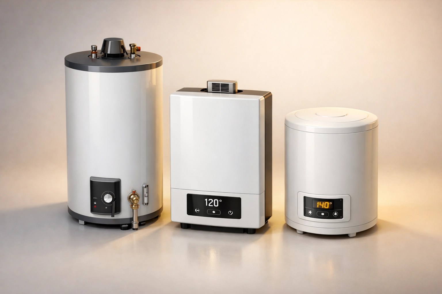 Three types of residential water heaters: traditional tank, tankless, and electric models