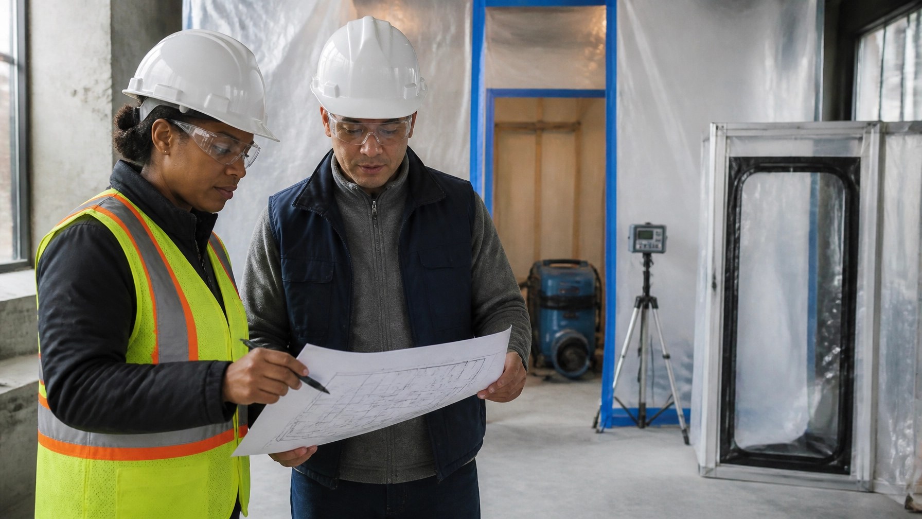 Environmental inspector and construction manager reviewing a renovation plan beside contained asbestos abatement work