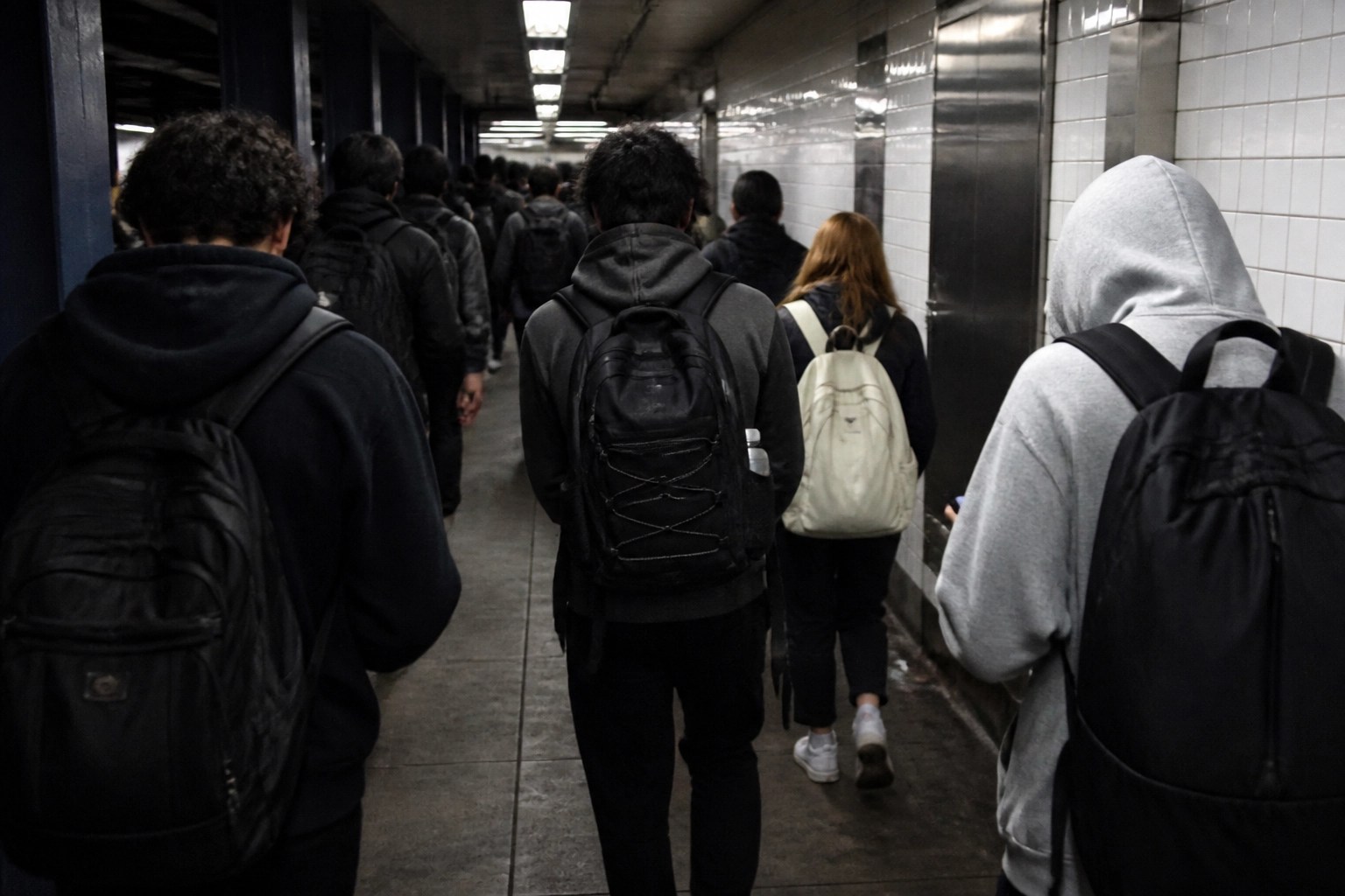 Teenagers commuting through a gritty NYC subway corridor with backpacks and harsh lighting, faces obscured.