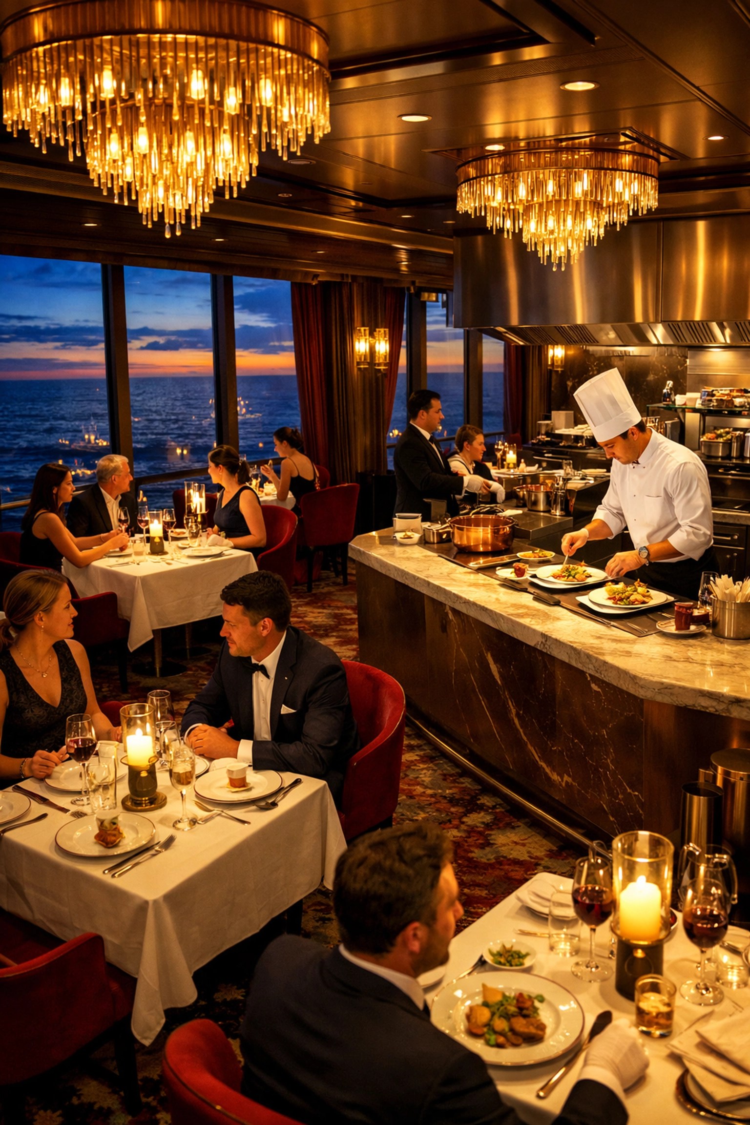 Exclusive ship-within-a-ship restaurant with fine dining and ocean views