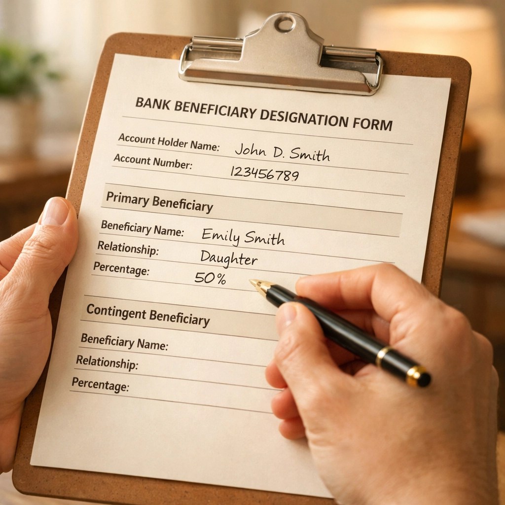 Hands completing beneficiary designation form for bank account to bypass probate