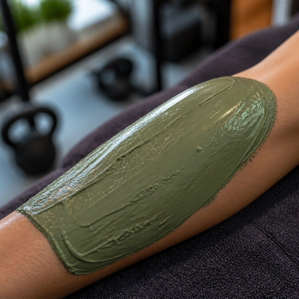 Close-up of green clay applied to a limb for sports recovery