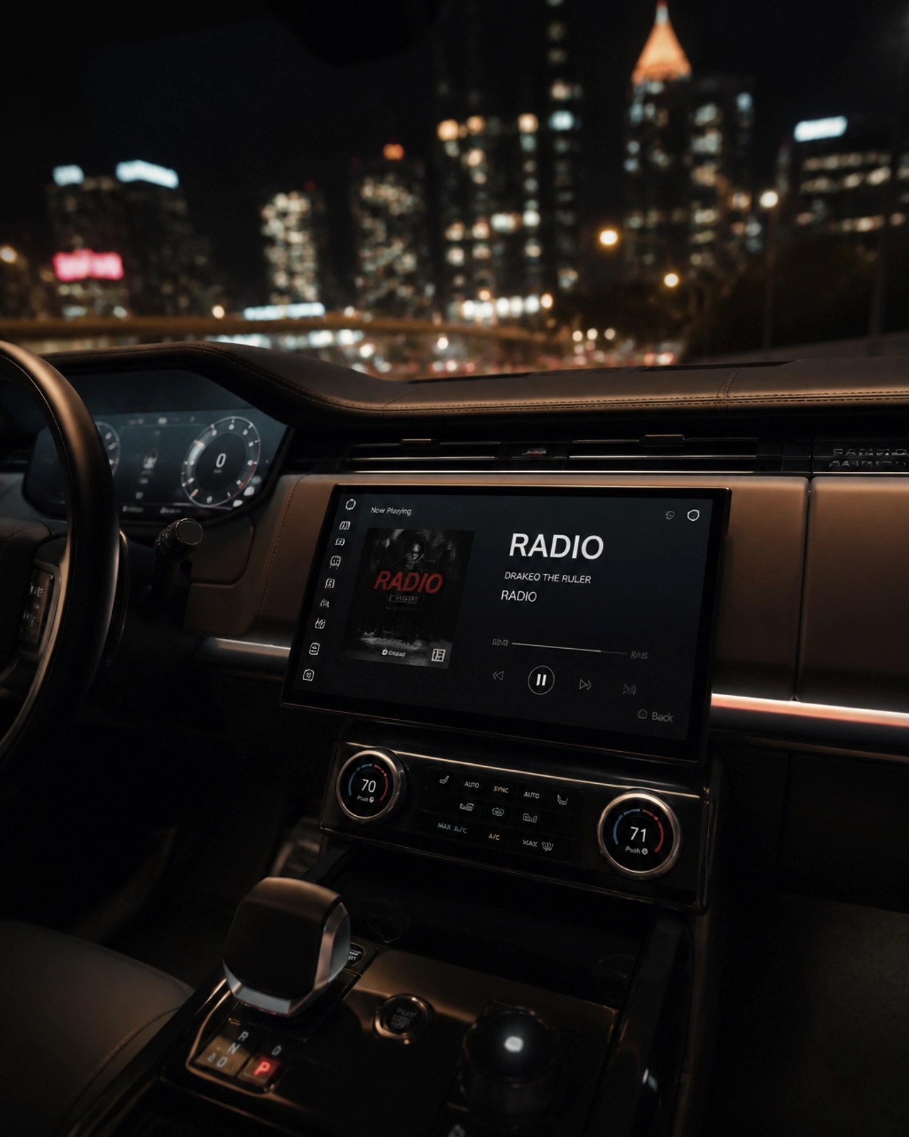 A luxury SUV dashboard playing 'Radio' while driving through the city