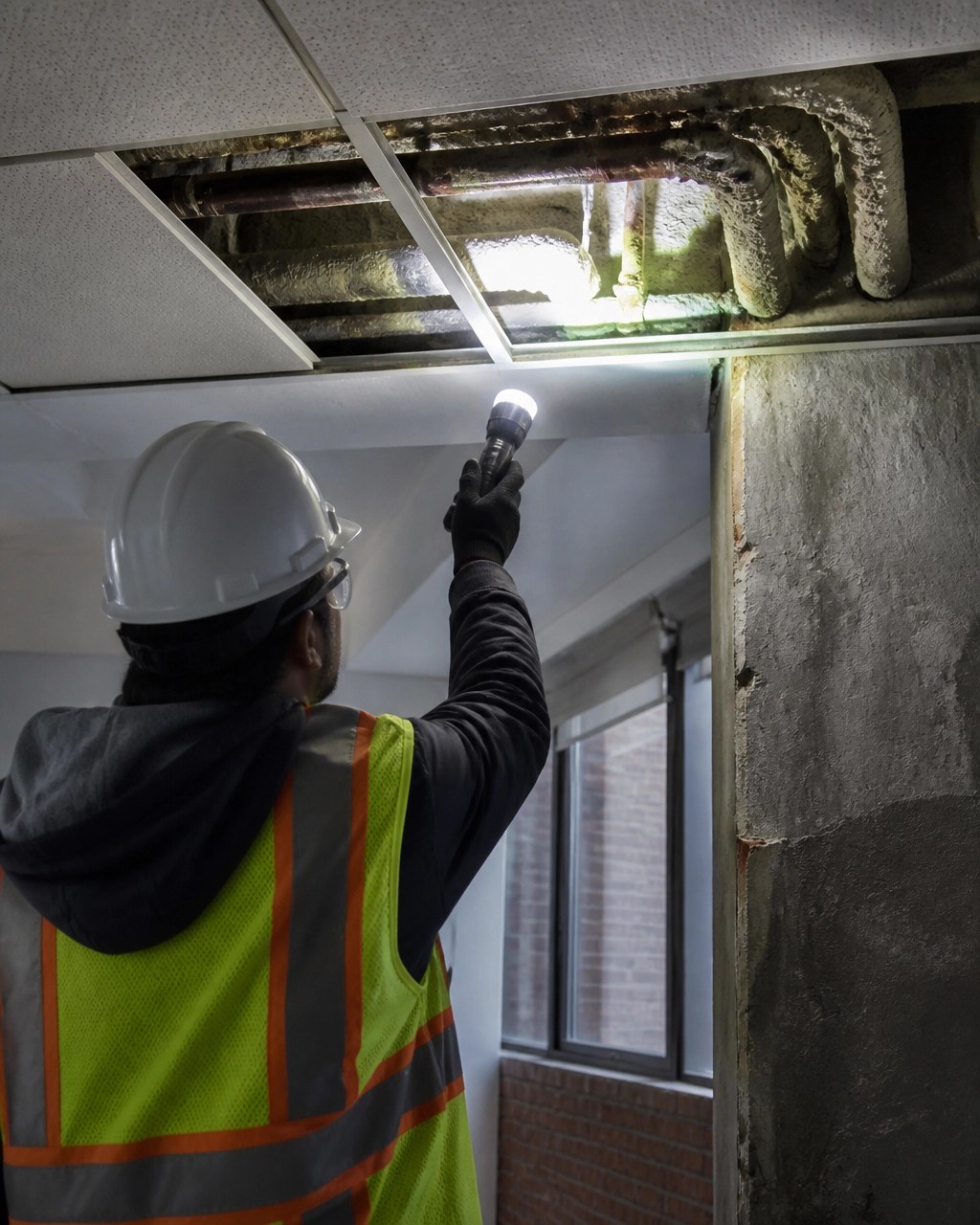 Environmental inspector examining an inaccessible pipe chase and suspended ceiling cavity