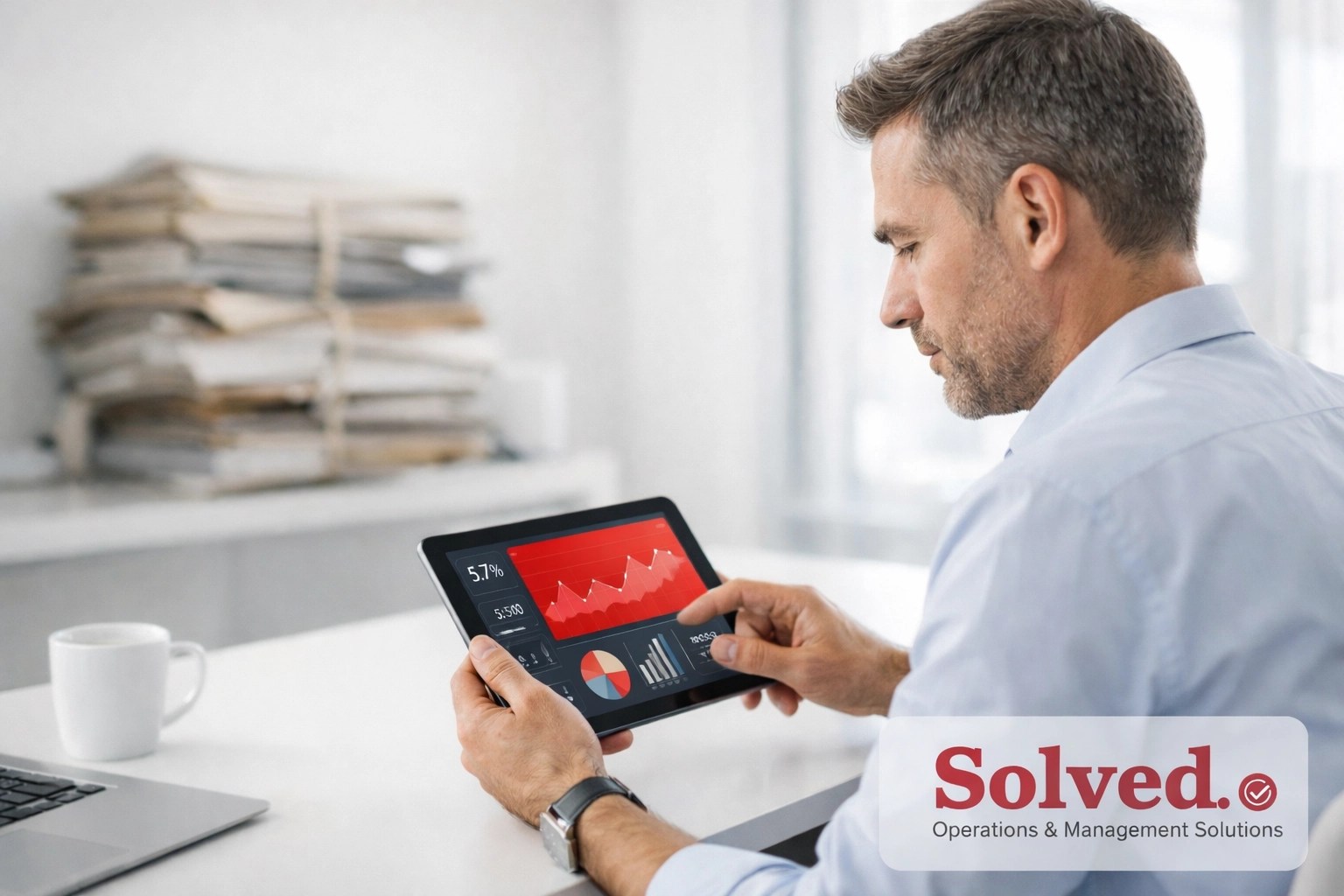 Business professional using a tablet for real-time project management instead of static paper reports.