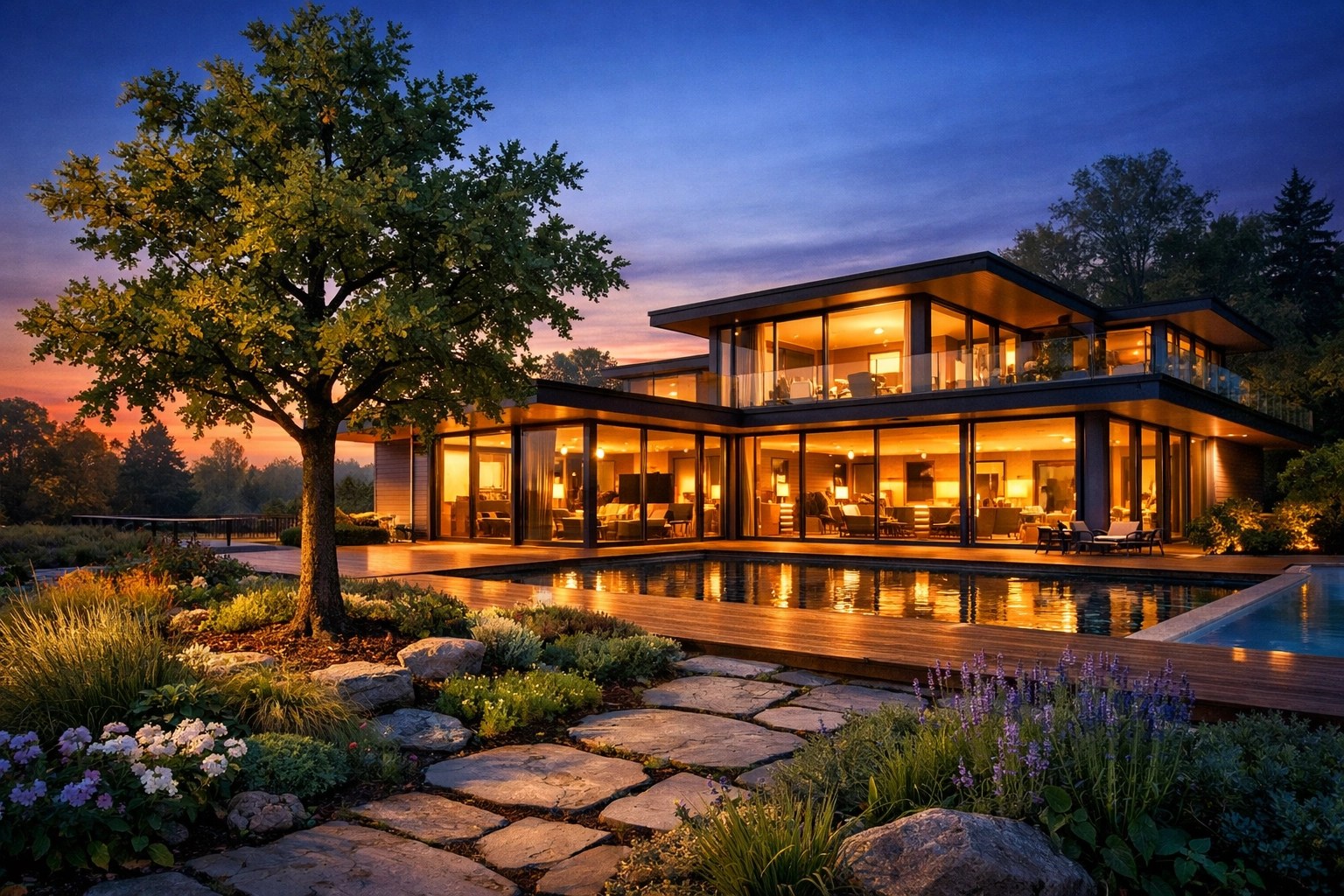 Modern luxury home at sunset with an oak tree representing a family real estate legacy.