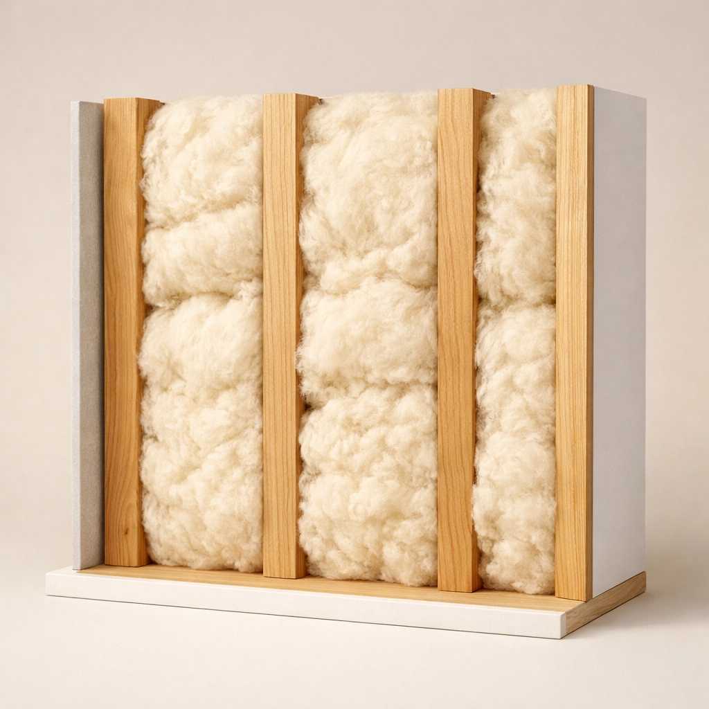 Natural wool insulation tucked into modern wooden wall studs for superior home energy efficiency.
