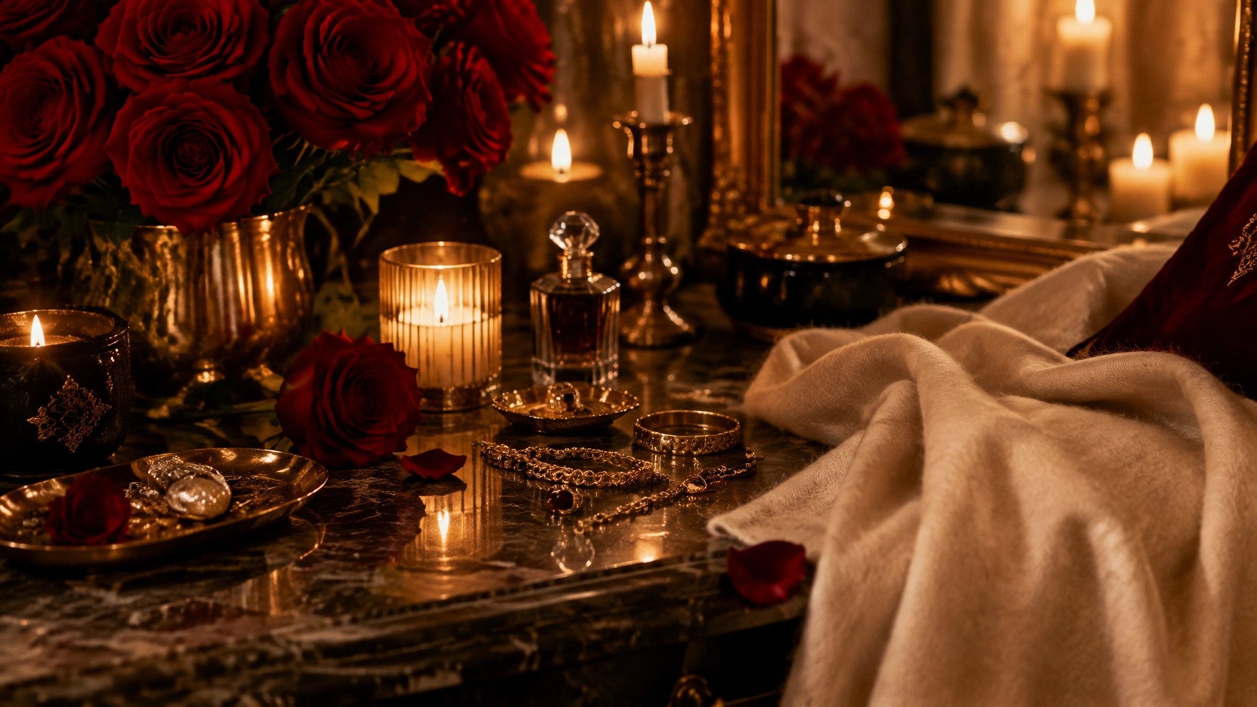 Dating advice for women with feminine energy ritual styling on a candlelit marble vanity