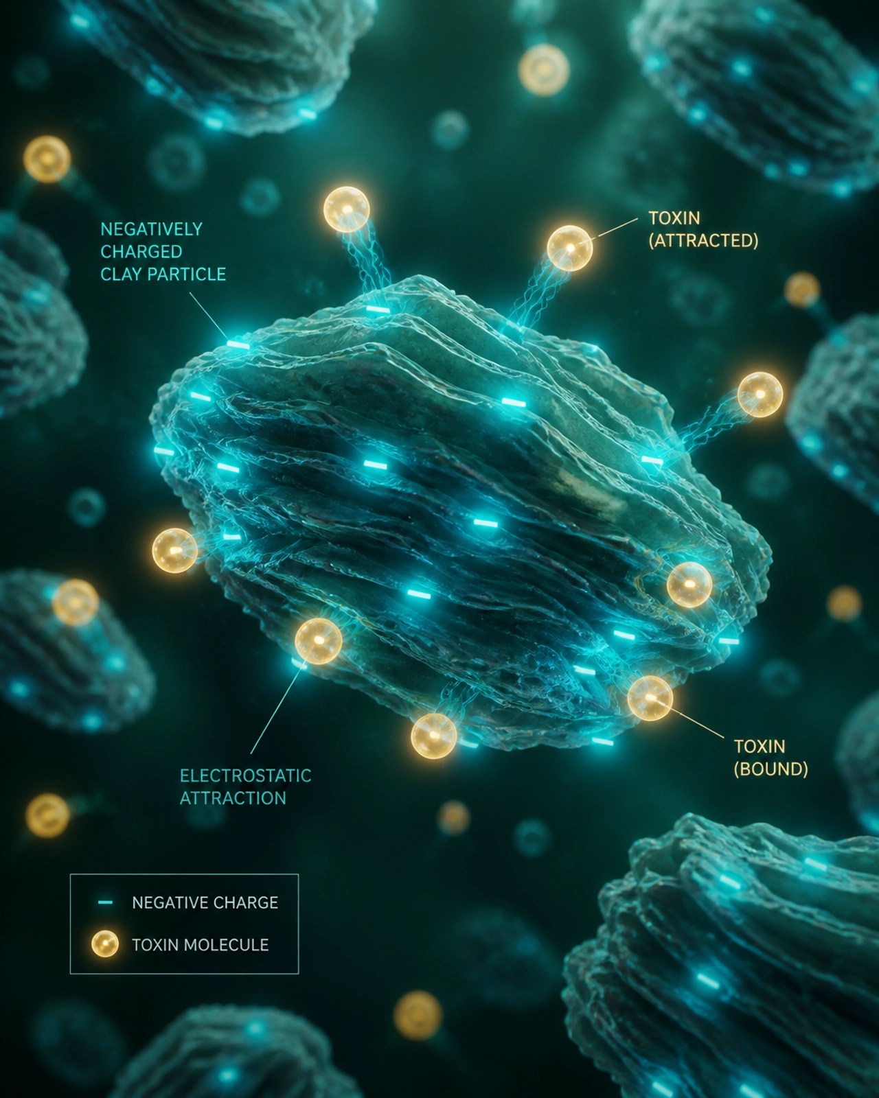 Abstract visualization of clay particles binding toxins