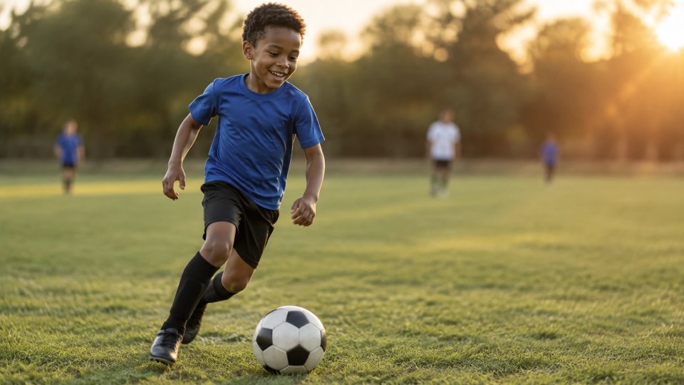 Asthma in black children: a smiling black child plays soccer on a field.