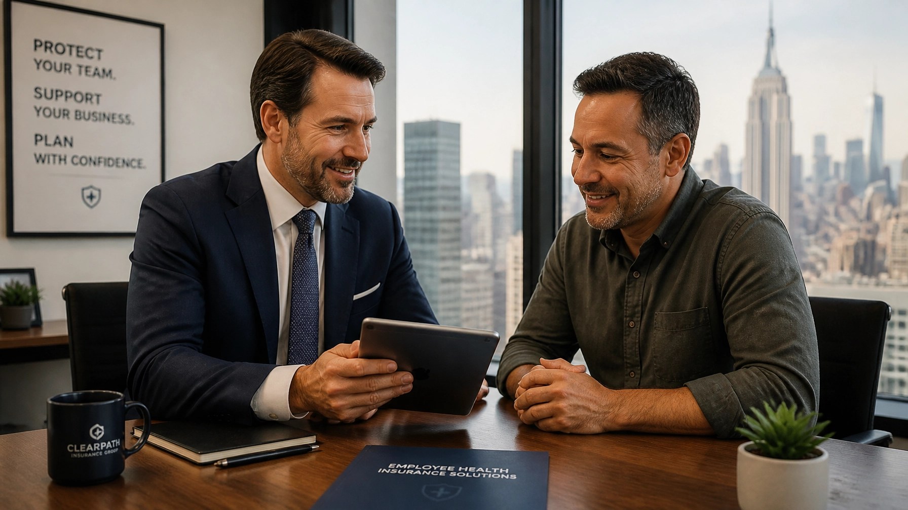 A professional health insurance advisor consulting with a small business owner