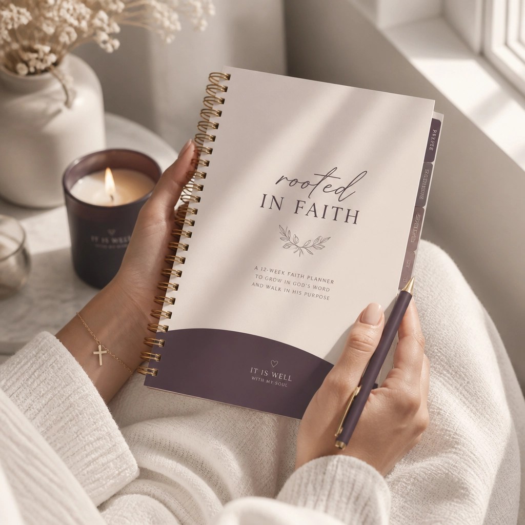 Close up of a woman's hands gently holding a faith-based planner and pen by a sunlit window