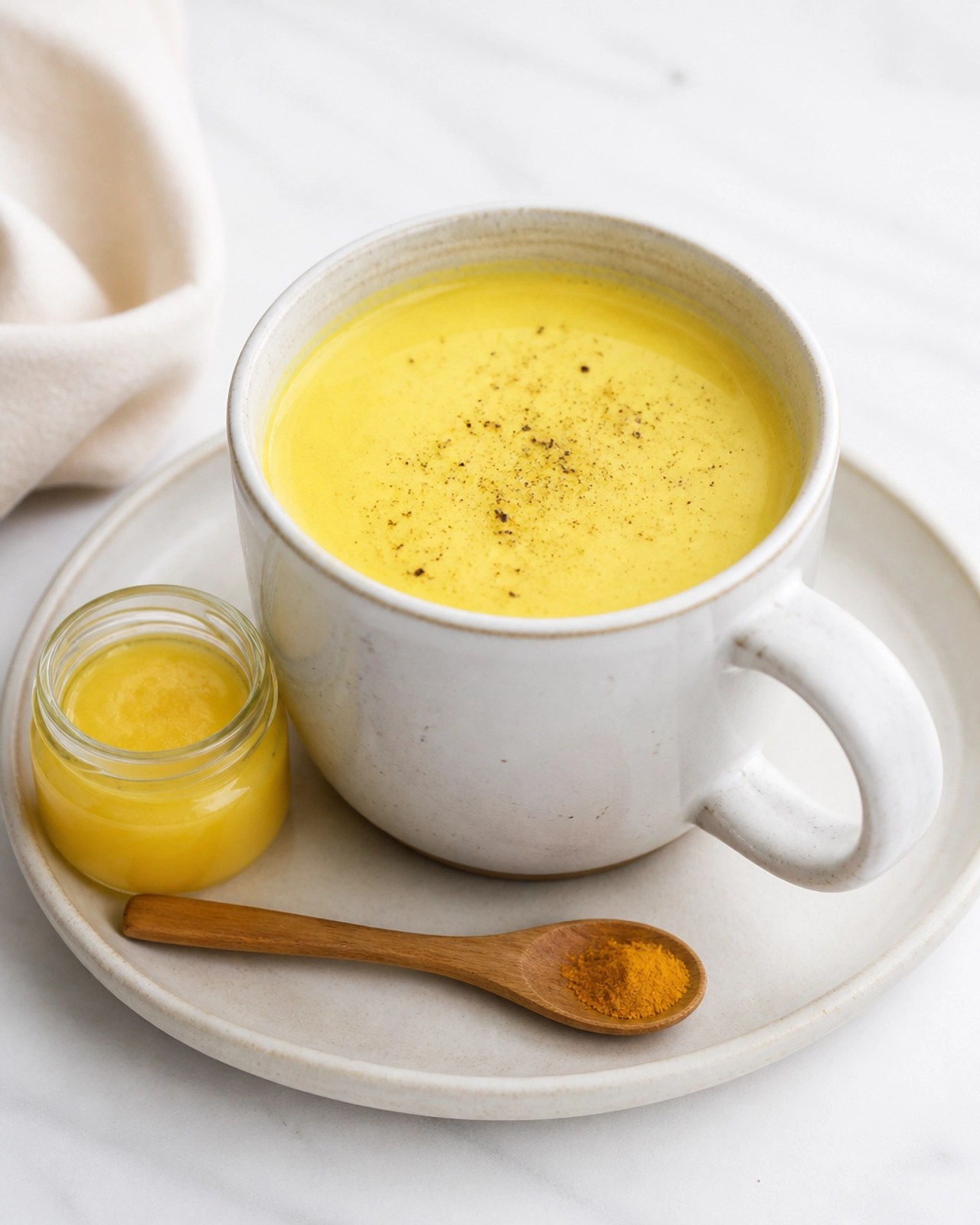 Taza de Leche Dorada con pimienta negra y ghee sobre fondo blanco