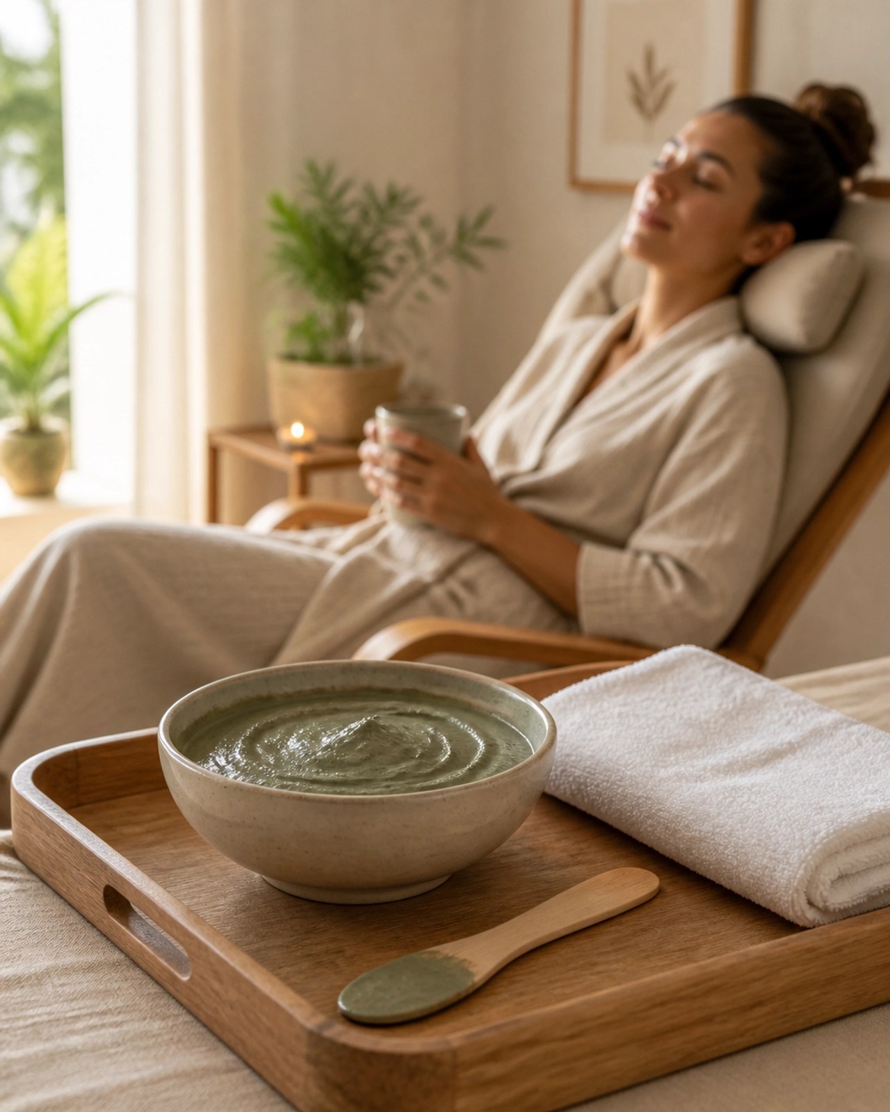 Wellness setting with green clay bowl and white towel